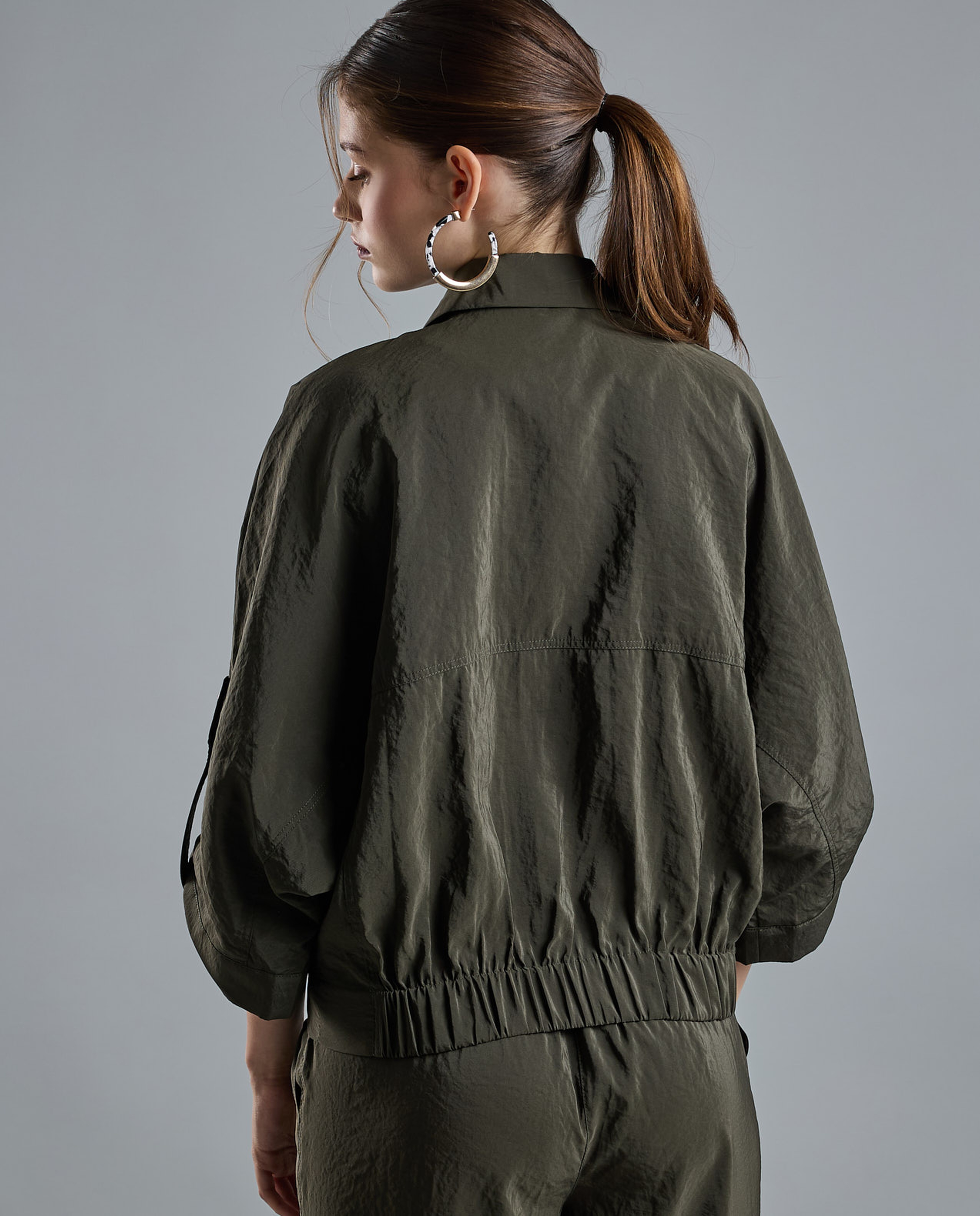 Solid Jacket with Shirt Collar and 3/4 Sleeves