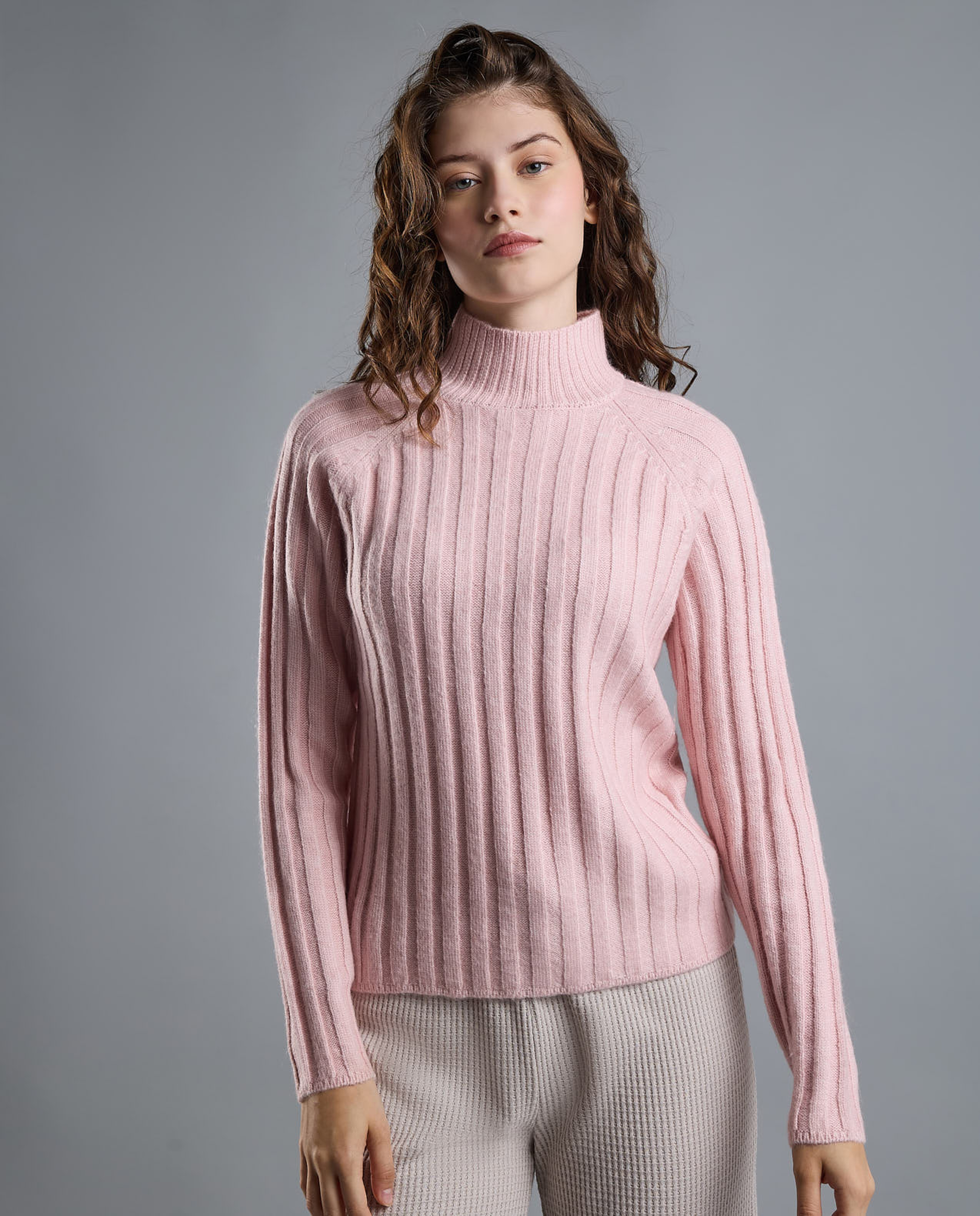 Ribbed Sweater with High Neck and Long Sleeves