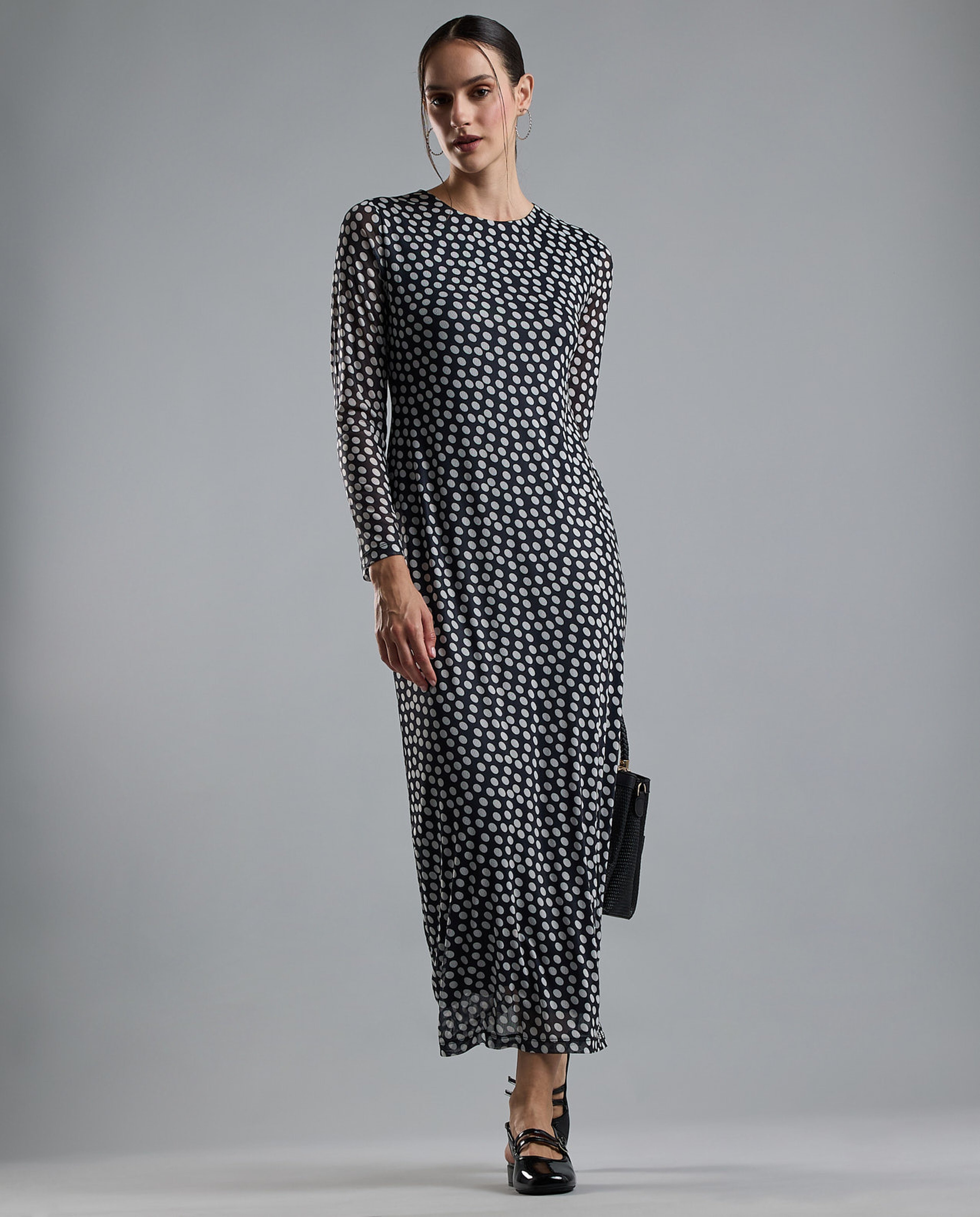 Patterned Sheath Dress with Crew Neck and Long Sleeves