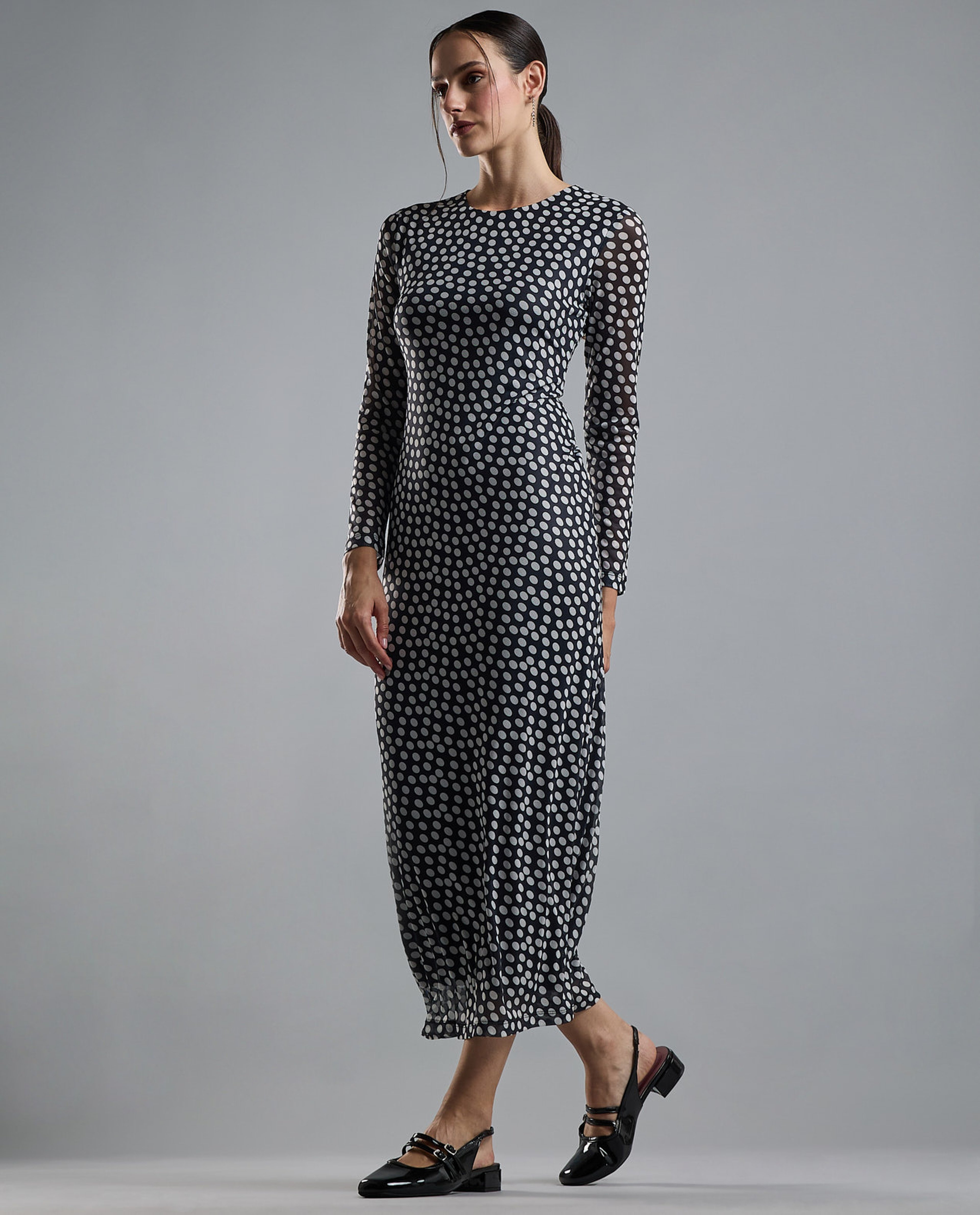 Patterned Sheath Dress with Crew Neck and Long Sleeves