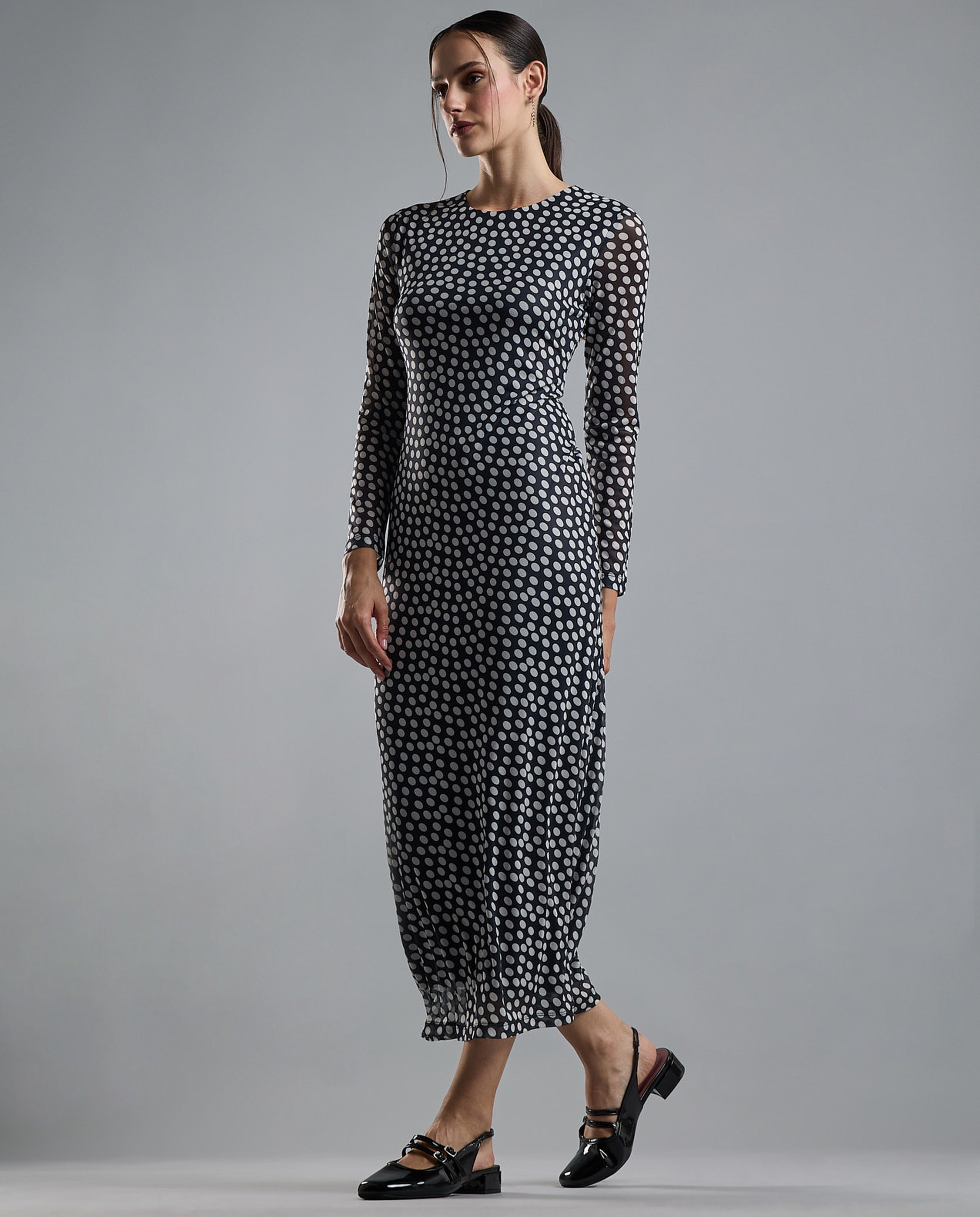 Patterned Sheath Dress with Crew Neck and Long Sleeves