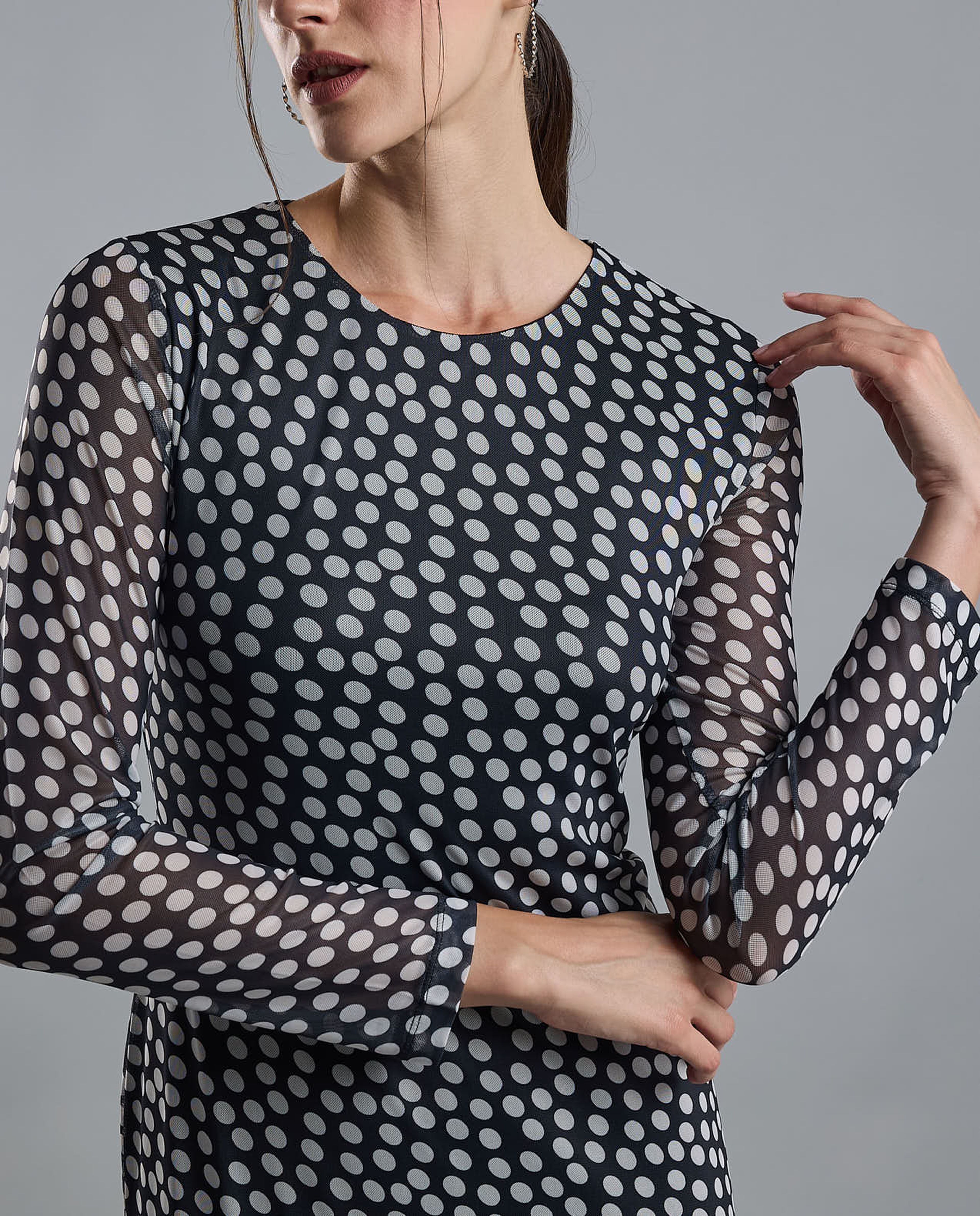 Patterned Sheath Dress with Crew Neck and Long Sleeves