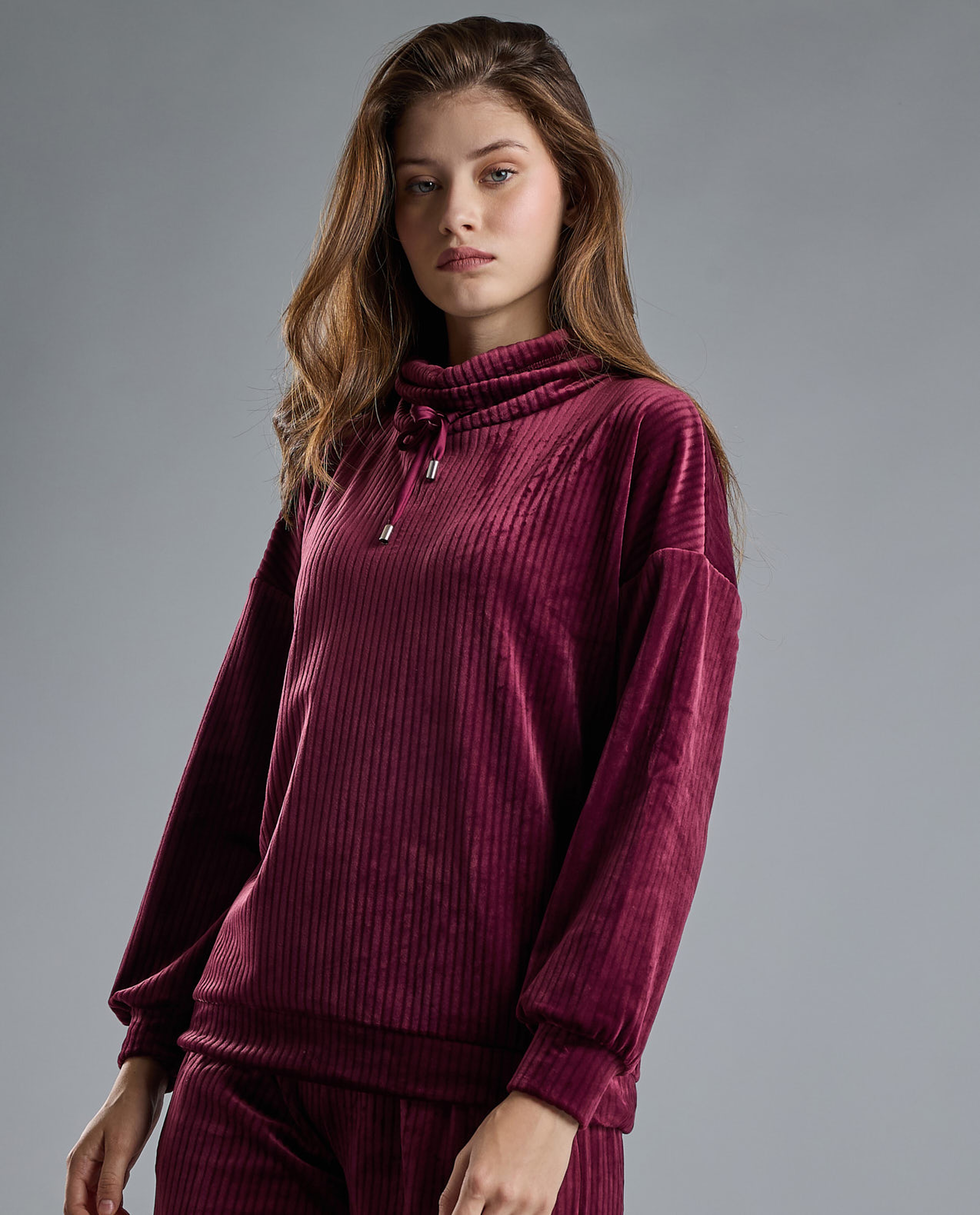 Ribbed Lounge Top with High Neck and Long Sleeves