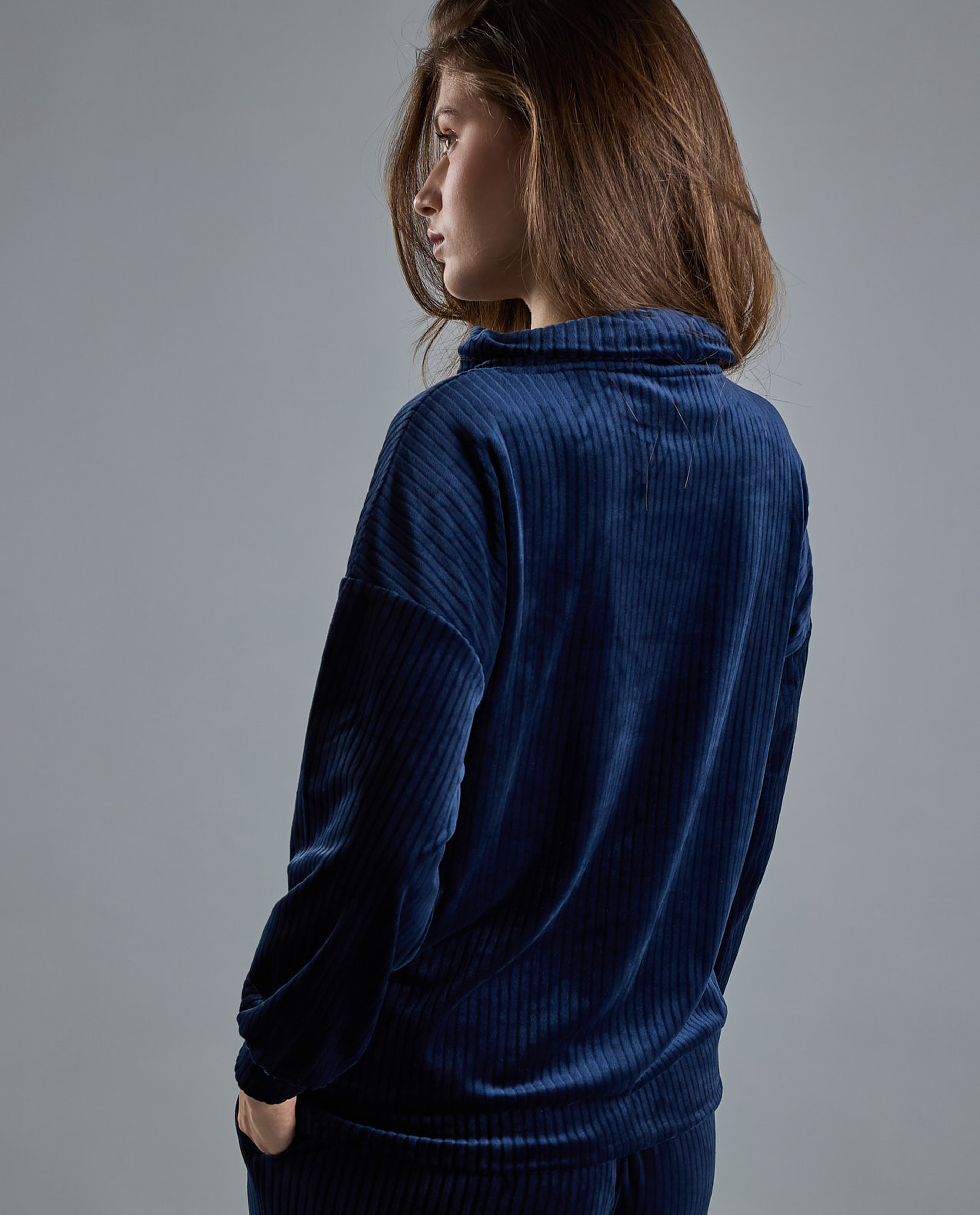 Ribbed Lounge Top with High Neck and Long Sleeves