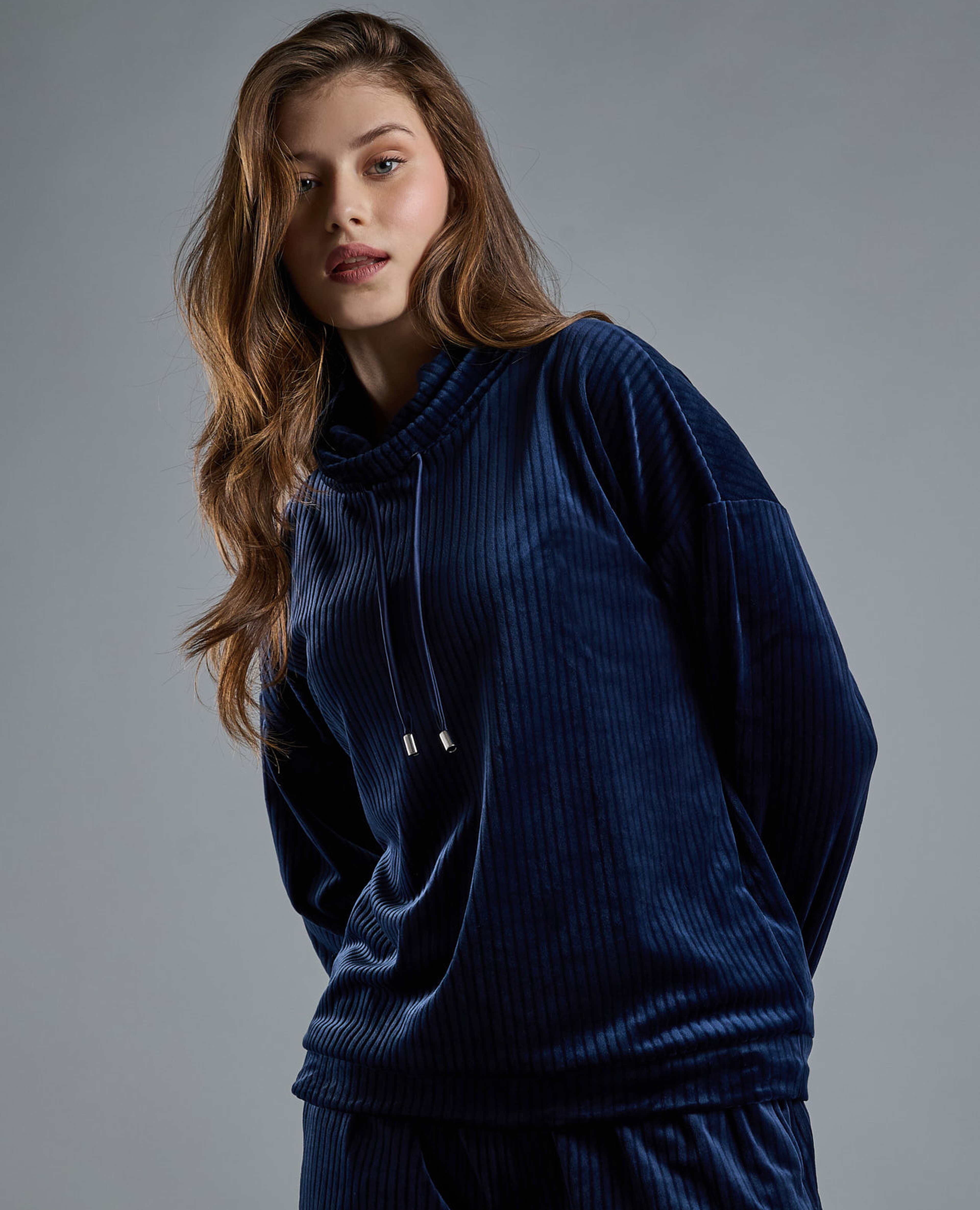Ribbed Lounge Top with High Neck and Long Sleeves