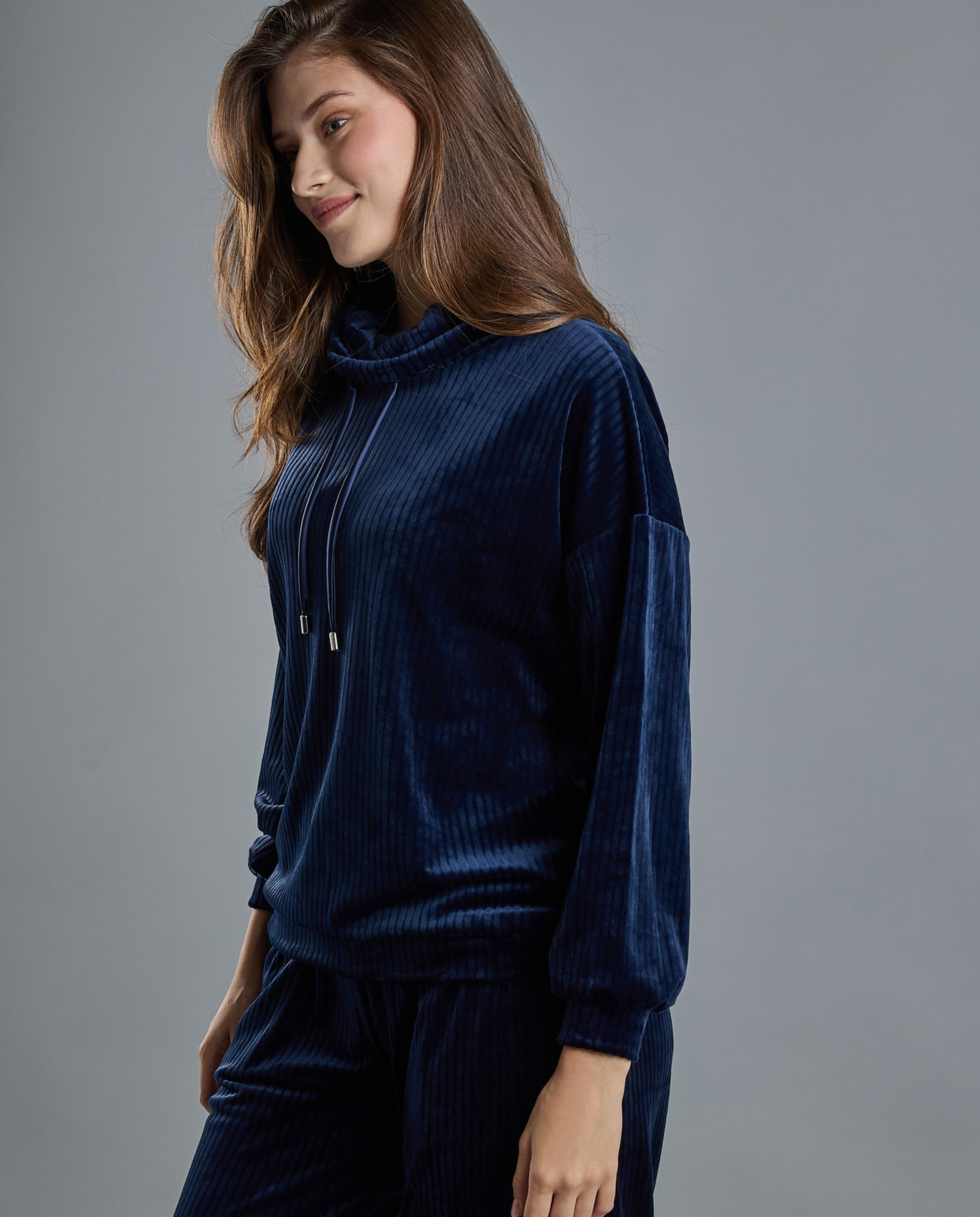 Ribbed Lounge Top with High Neck and Long Sleeves