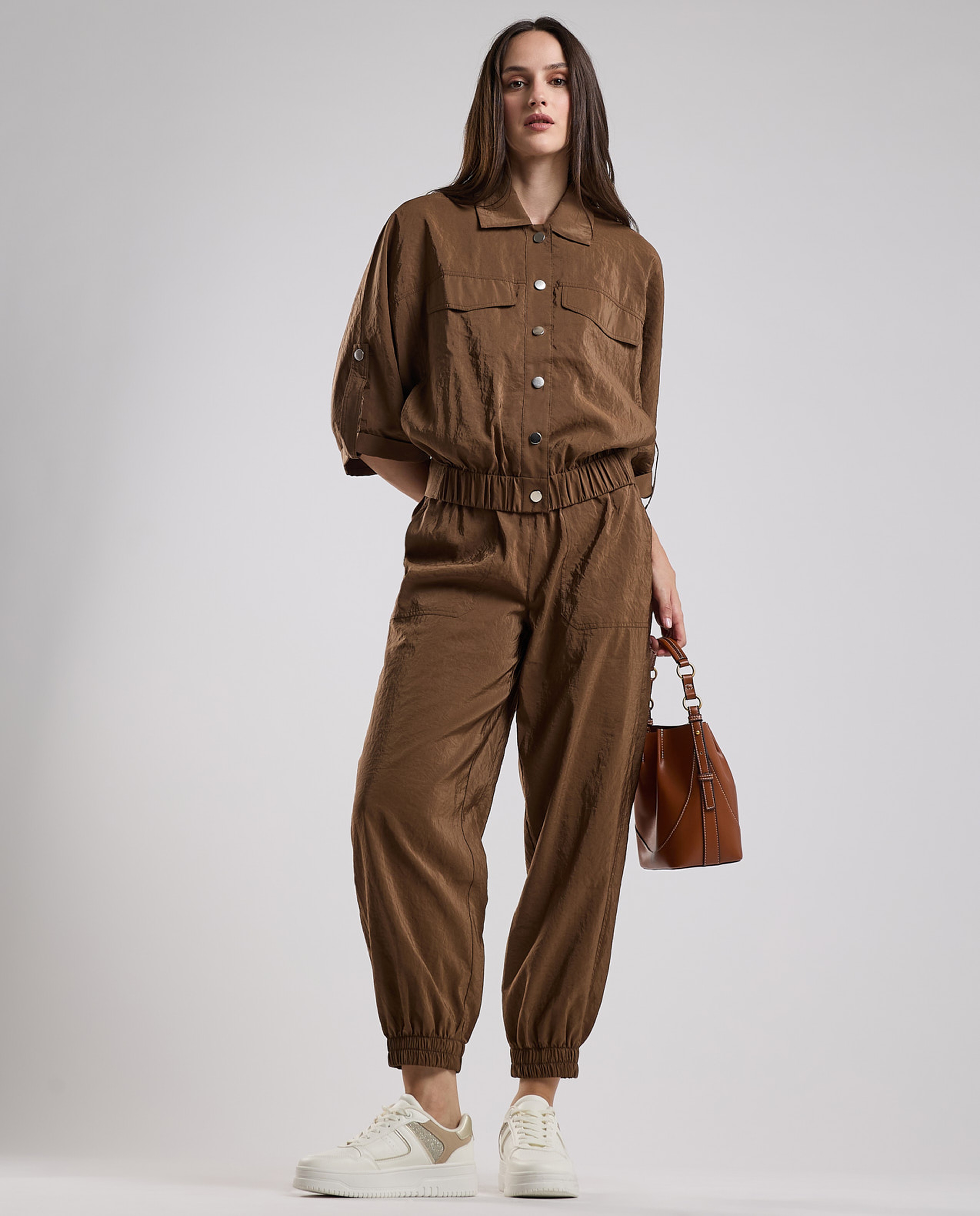 Solid Jacket with Shirt Collar and 3/4 Sleeves