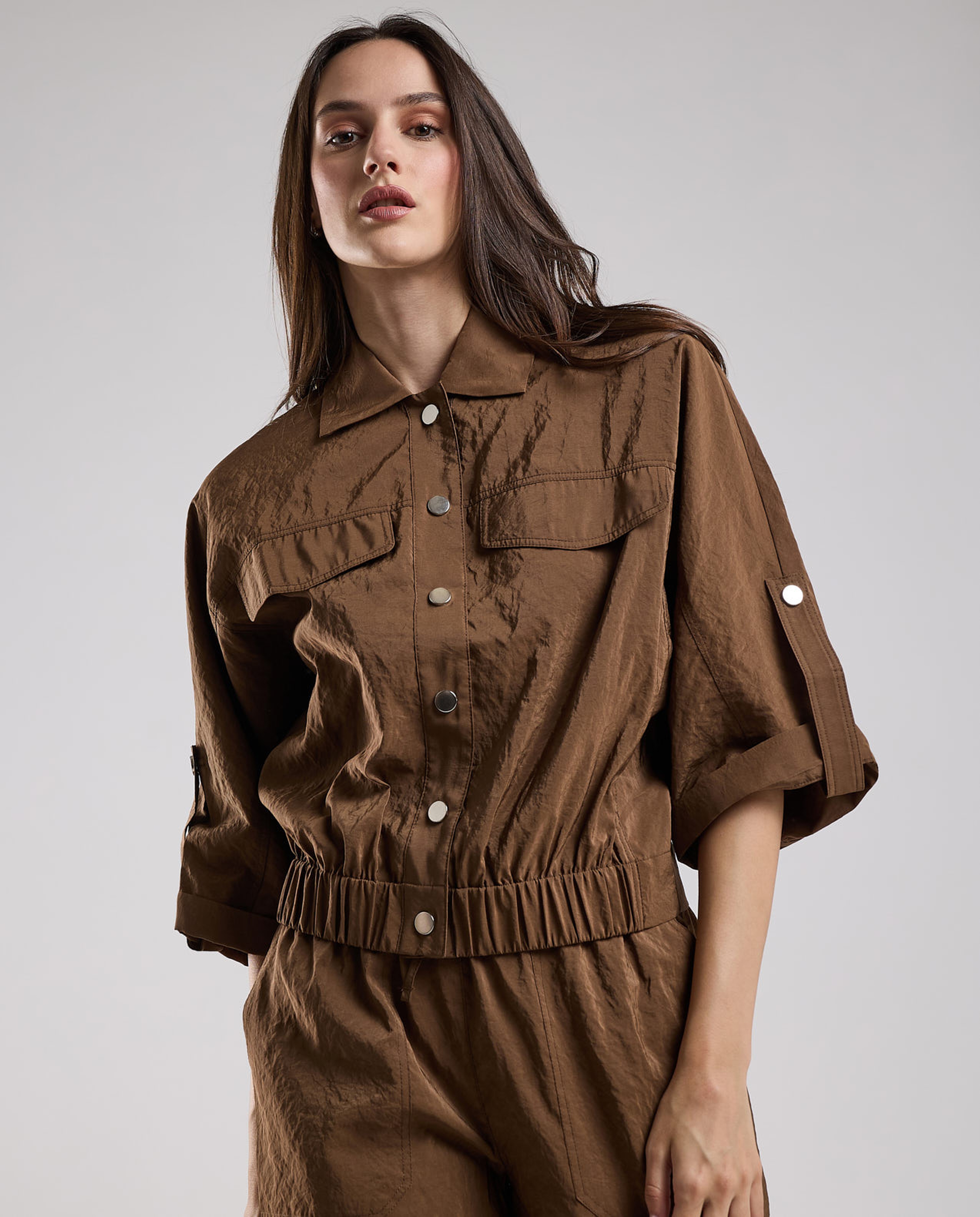 Solid Jacket with Shirt Collar and 3/4 Sleeves