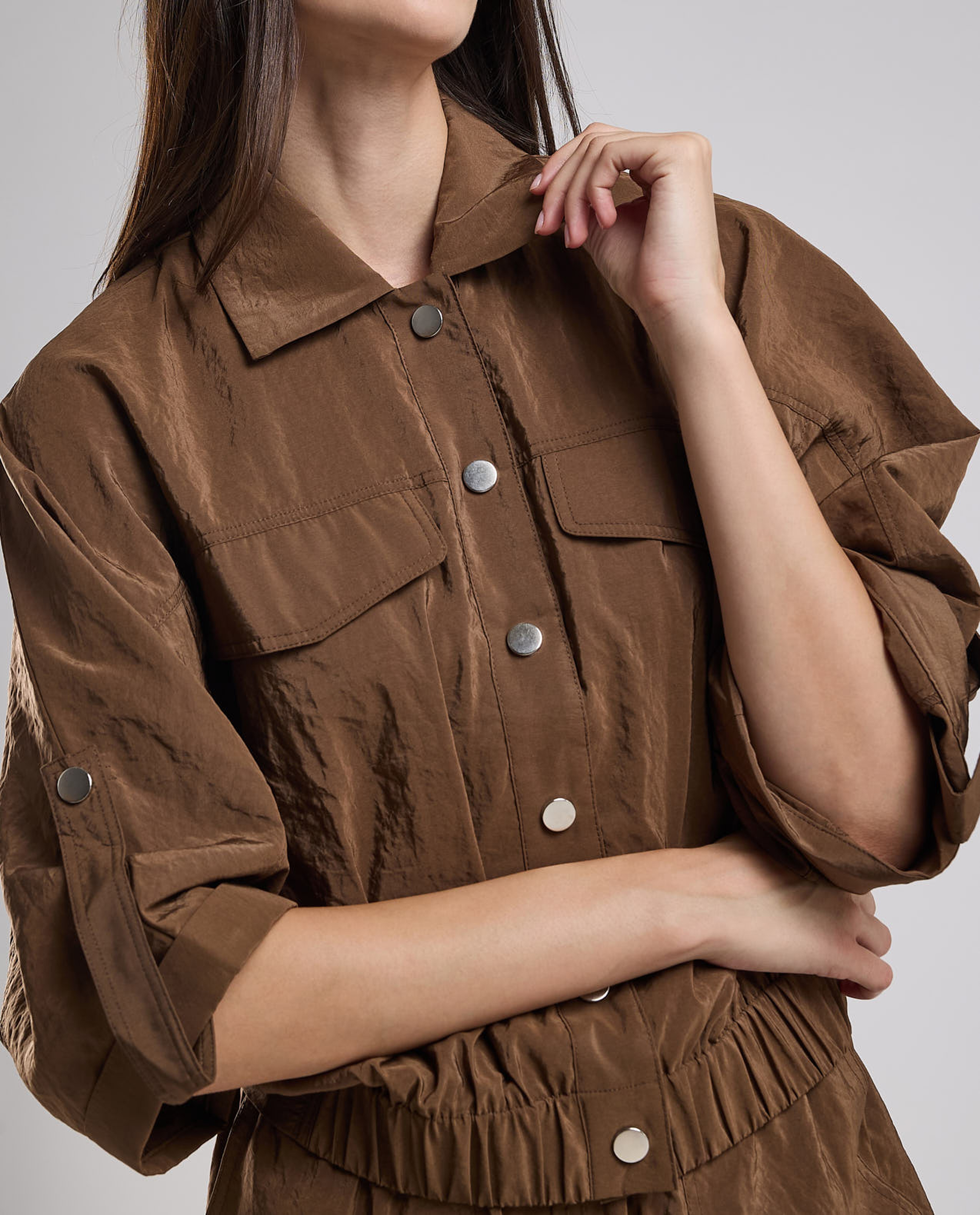 Solid Jacket with Shirt Collar and 3/4 Sleeves