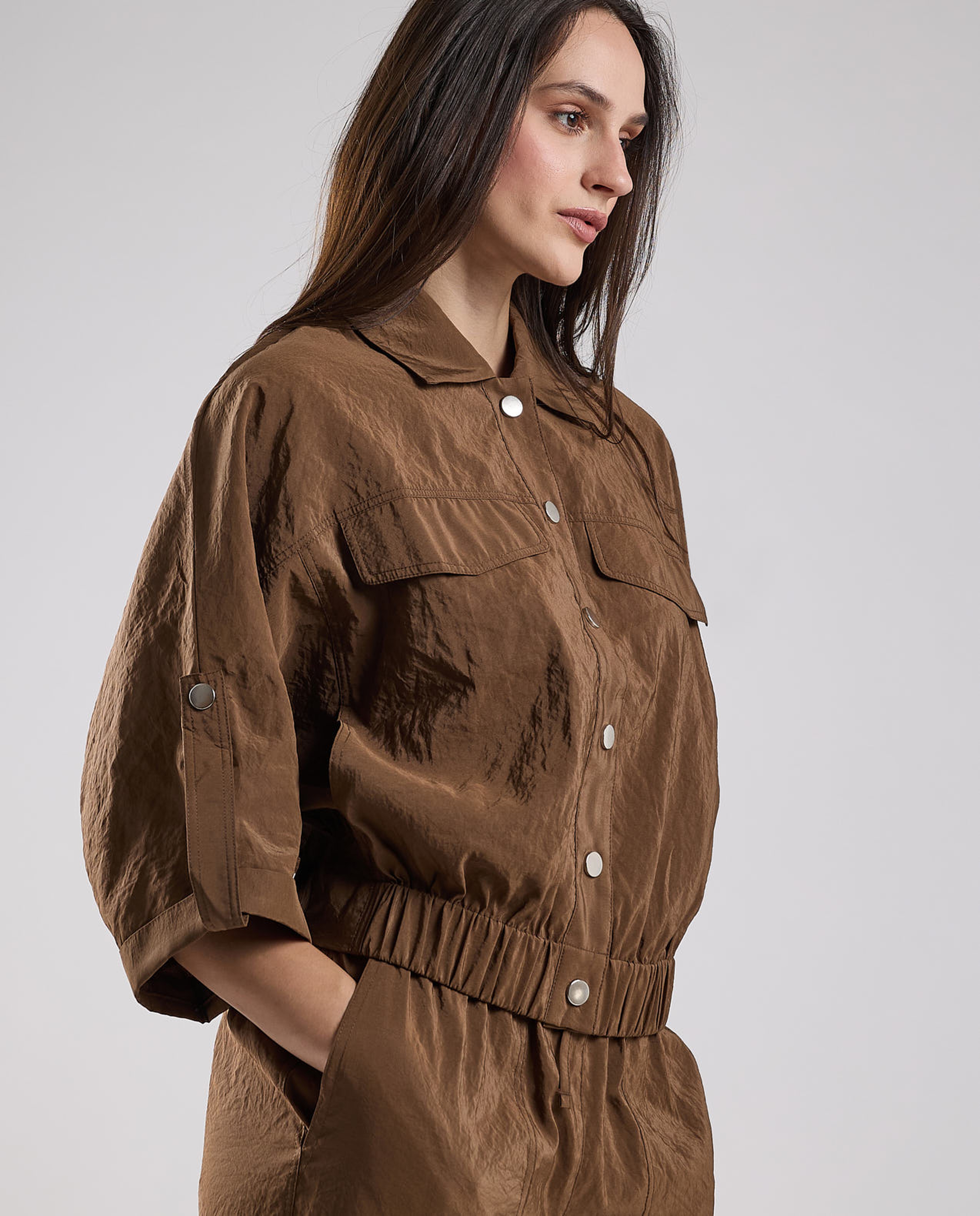 Solid Jacket with Shirt Collar and 3/4 Sleeves