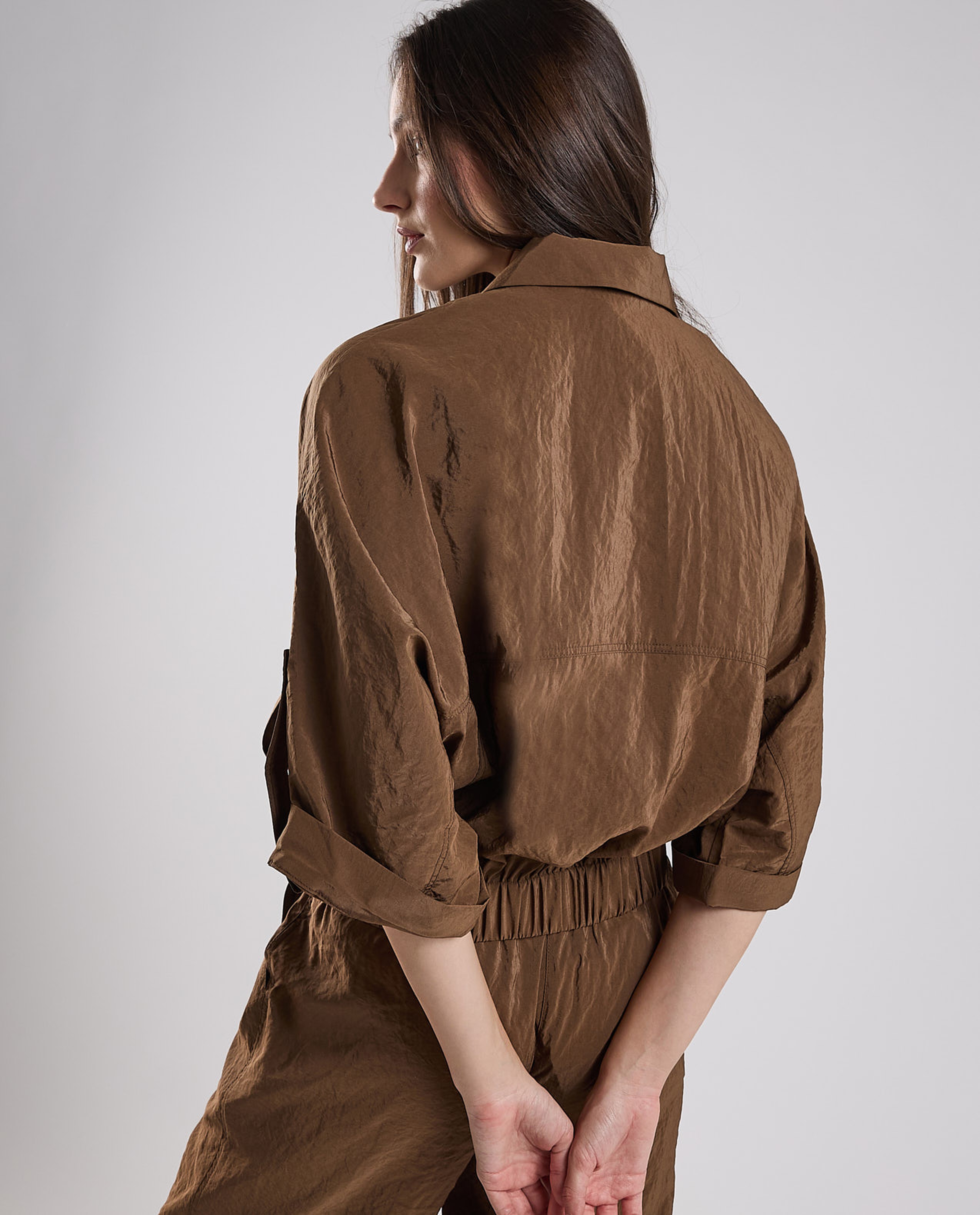 Solid Jacket with Shirt Collar and 3/4 Sleeves