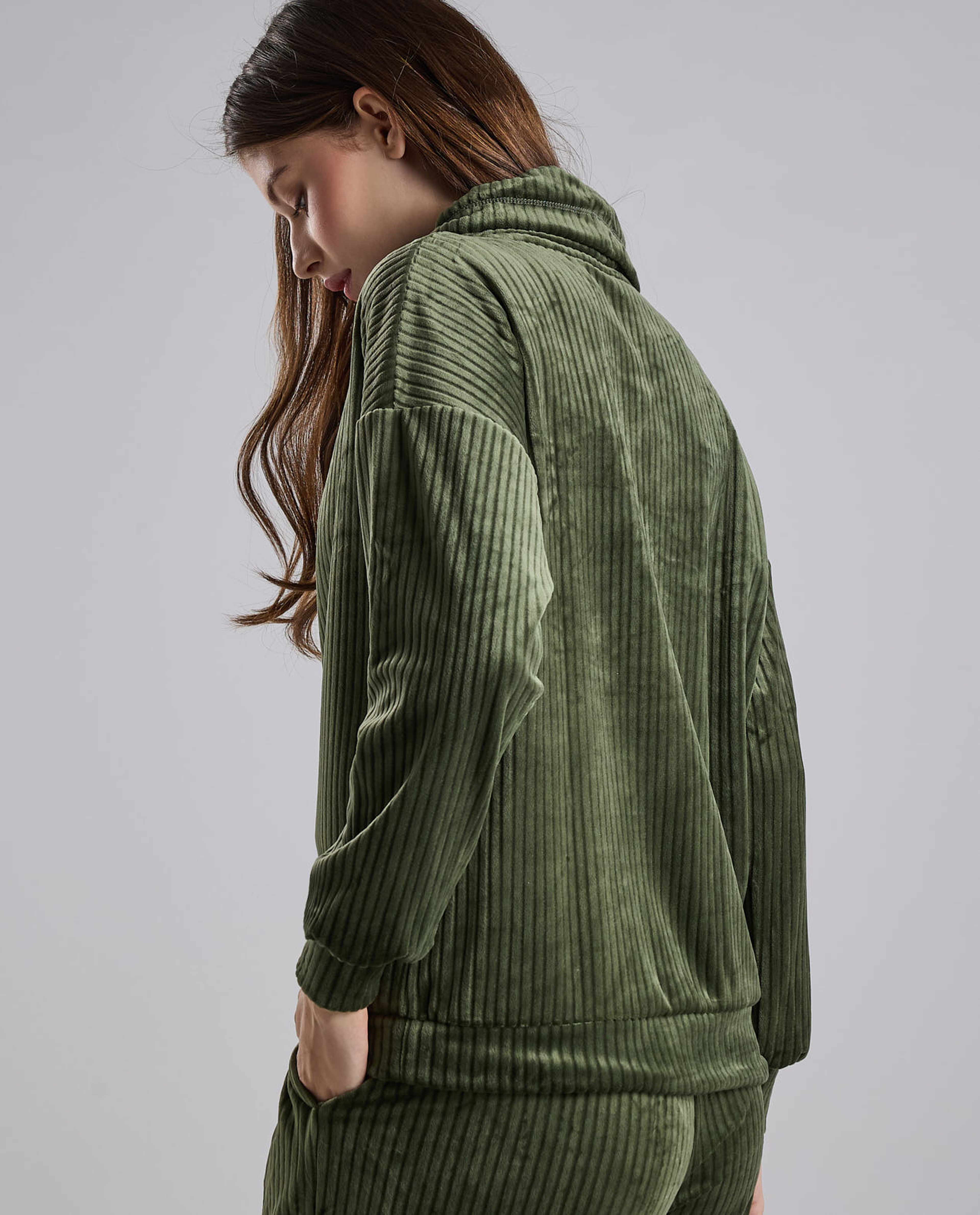 Ribbed Lounge Top with High Neck and Long Sleeves