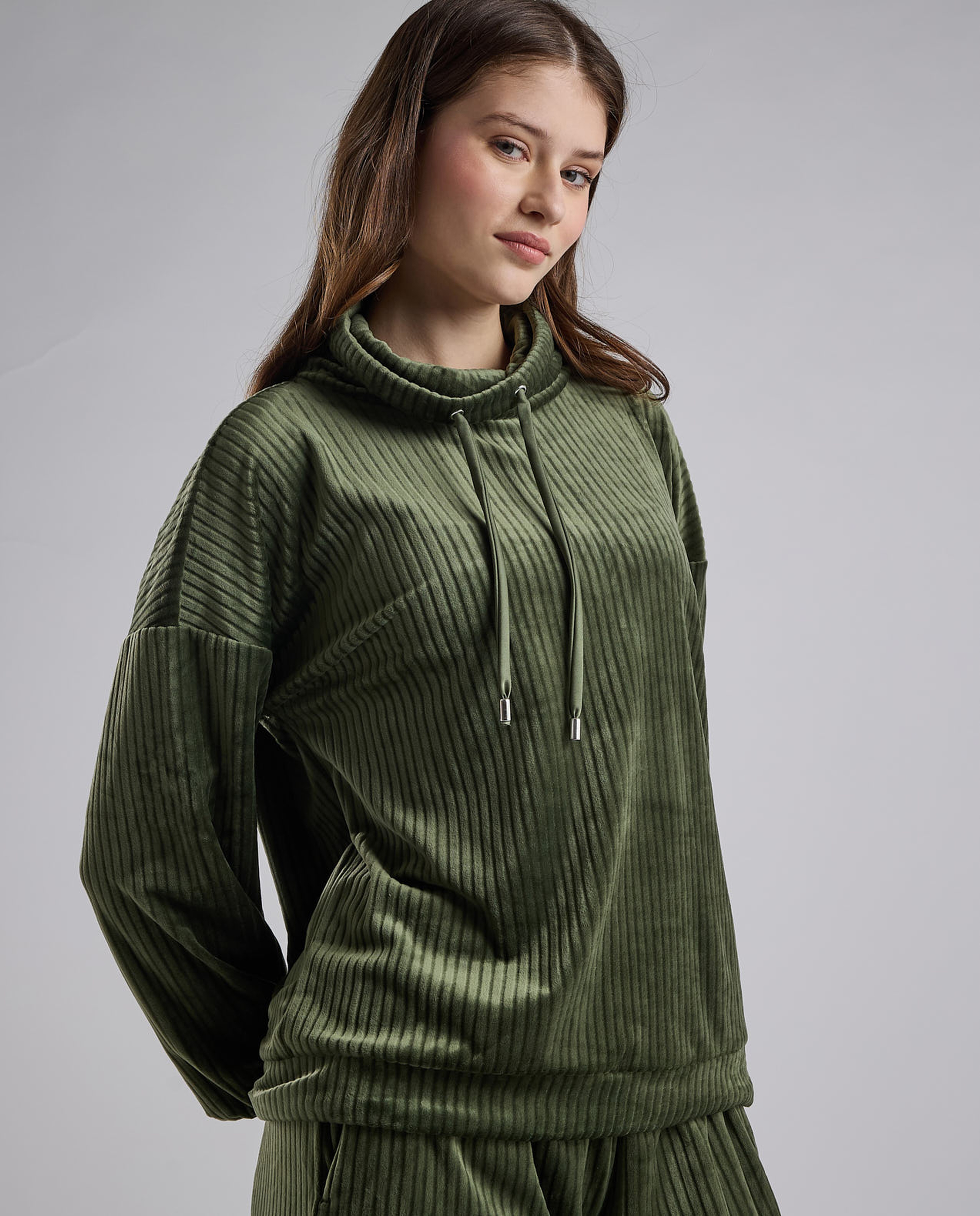 Ribbed Lounge Top with High Neck and Long Sleeves