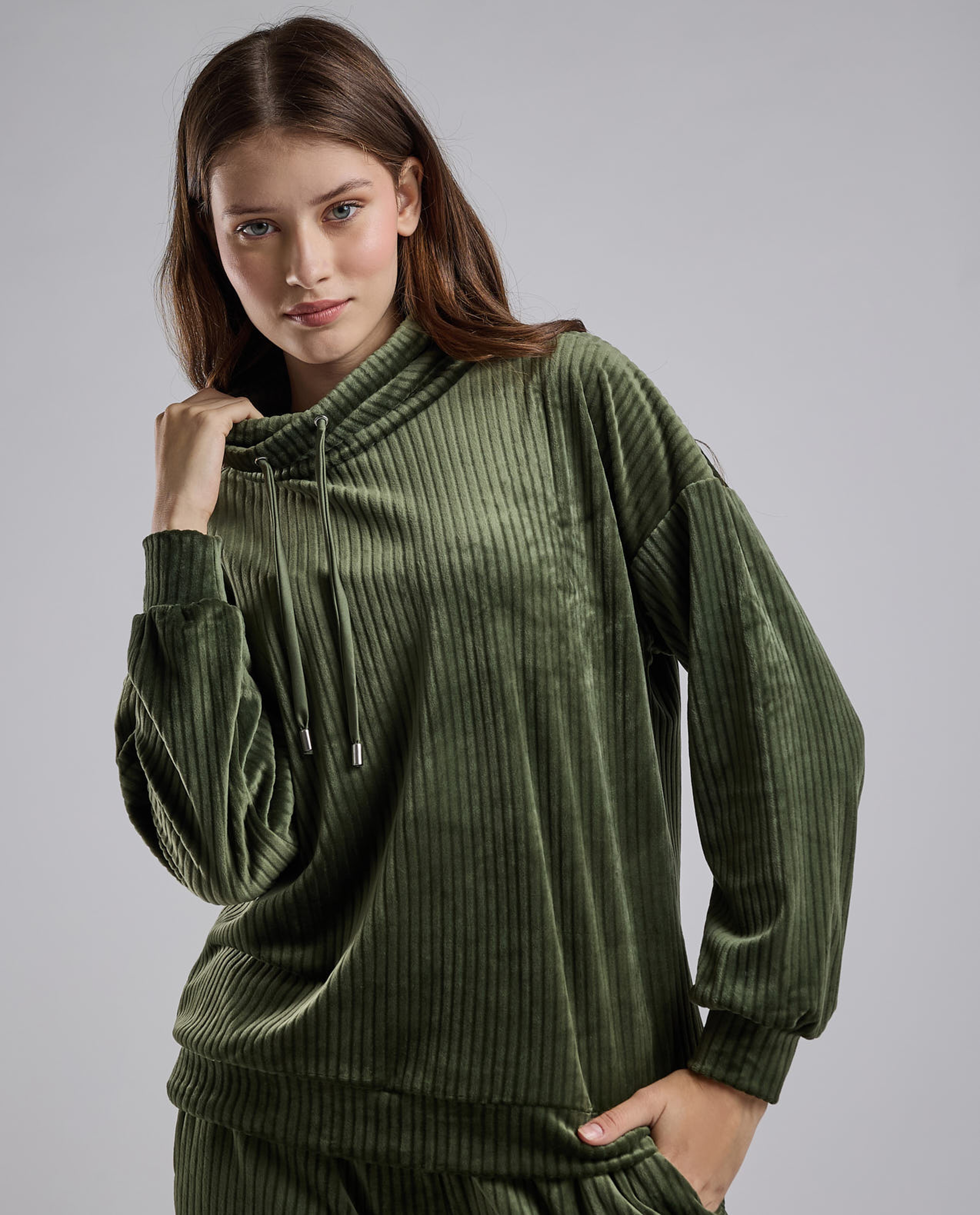 Ribbed Lounge Top with High Neck and Long Sleeves