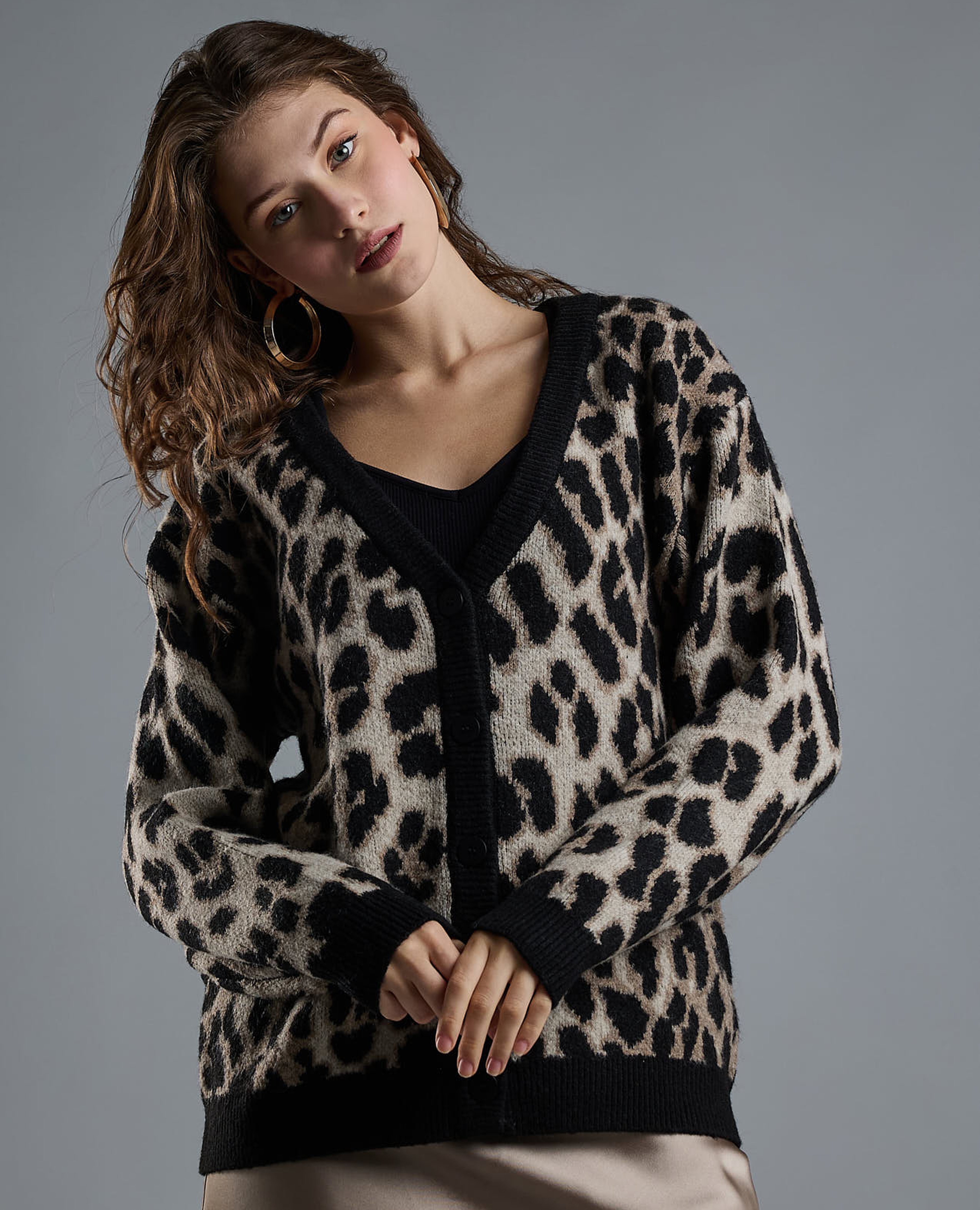 Animal Patterned Cardigan with Button Closure