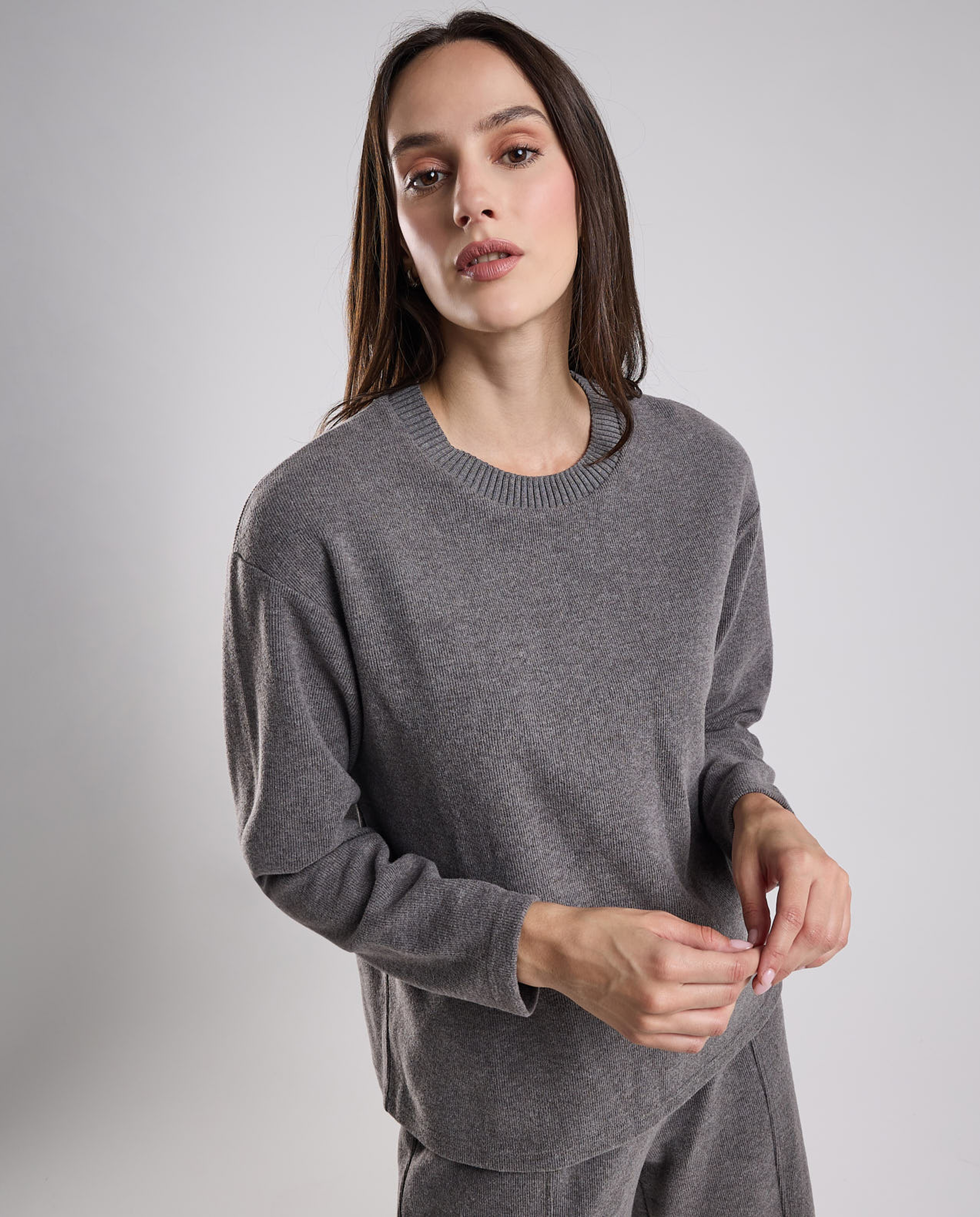 Textured Sweatshirt with Crew Neck and Long Sleeves
