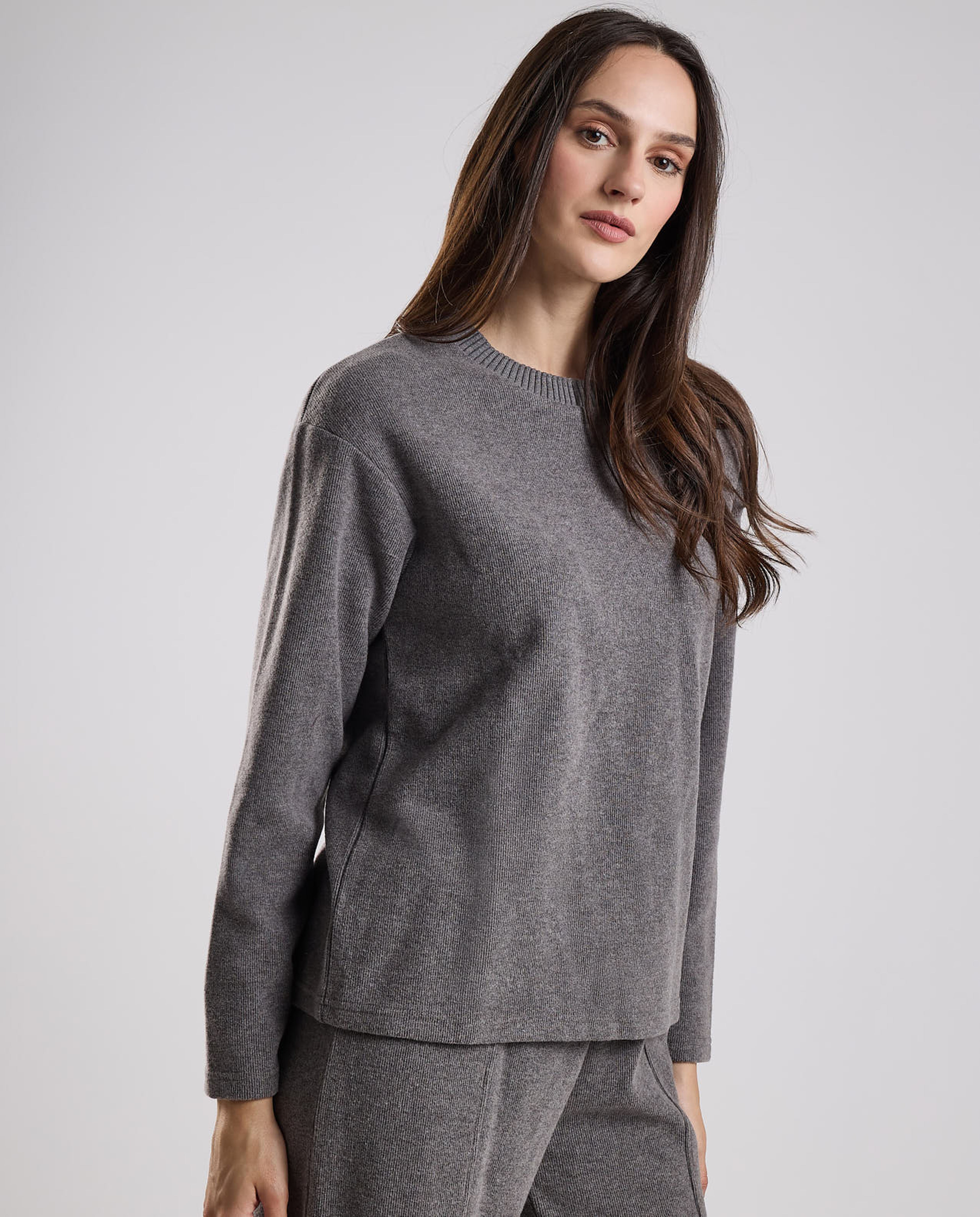 Textured Sweatshirt with Crew Neck and Long Sleeves