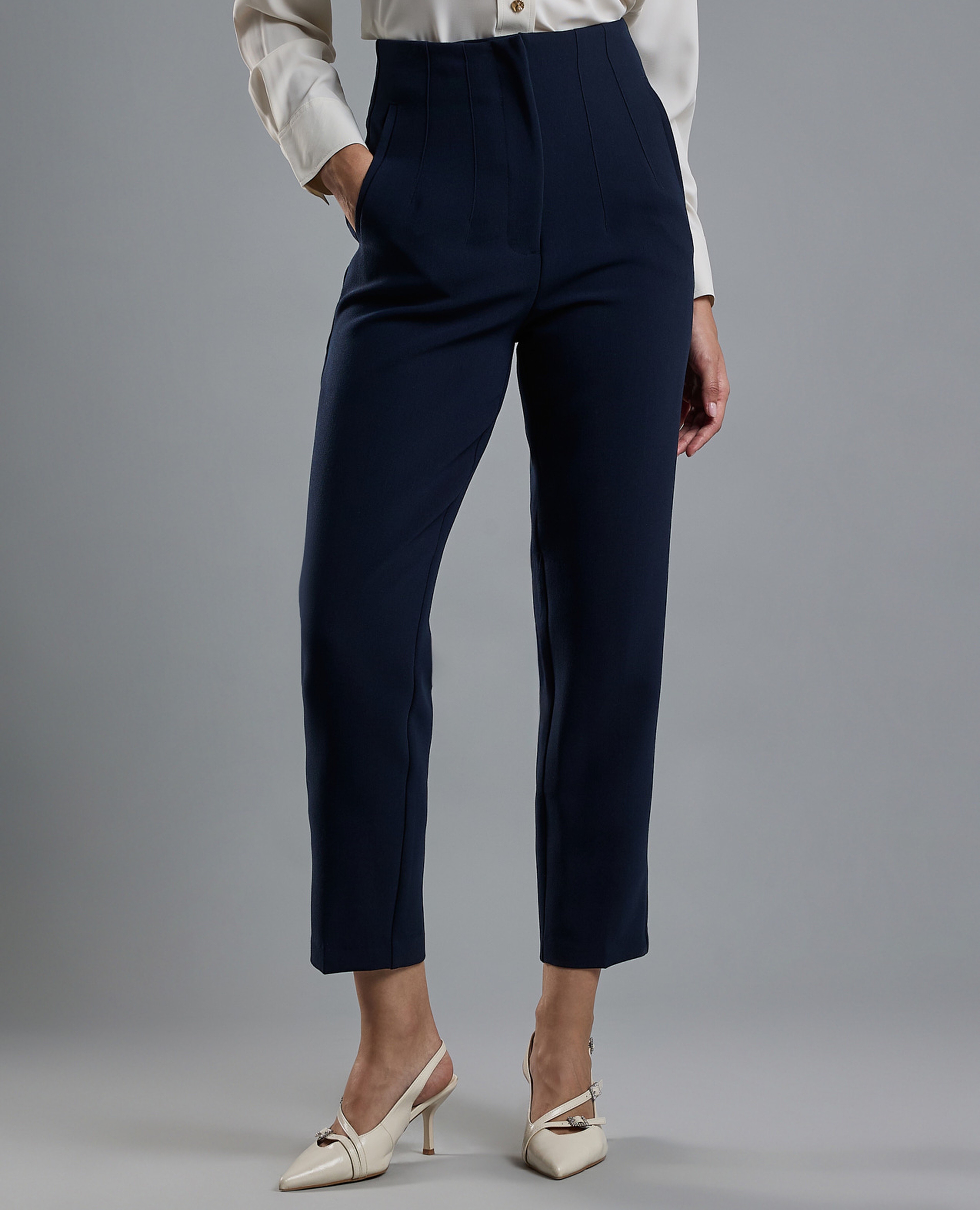 Solid Tapered Fit Pants with Button Closure