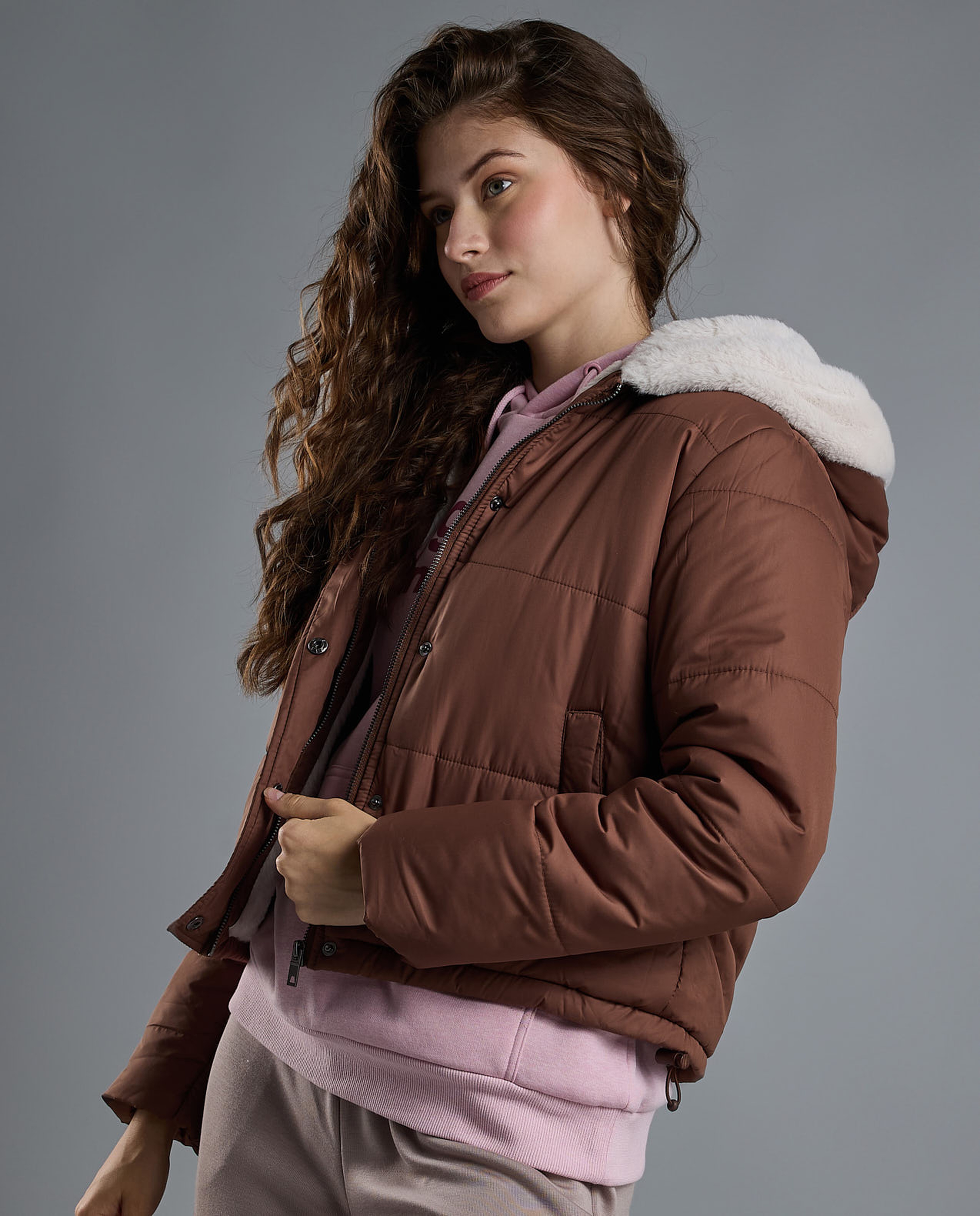 Quilted Hooded Puffer Jacket with Zipper Closure