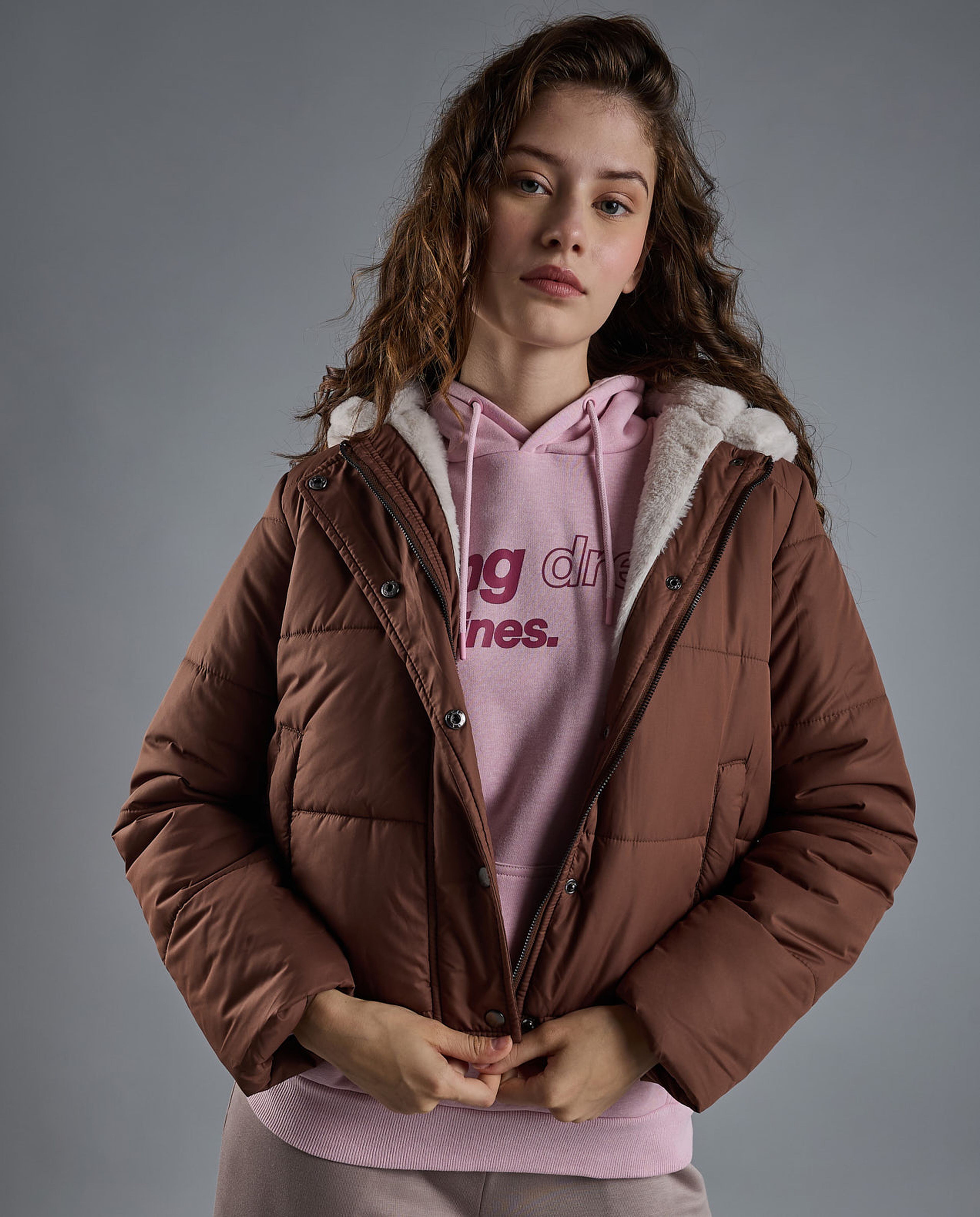 Quilted Hooded Puffer Jacket with Zipper Closure