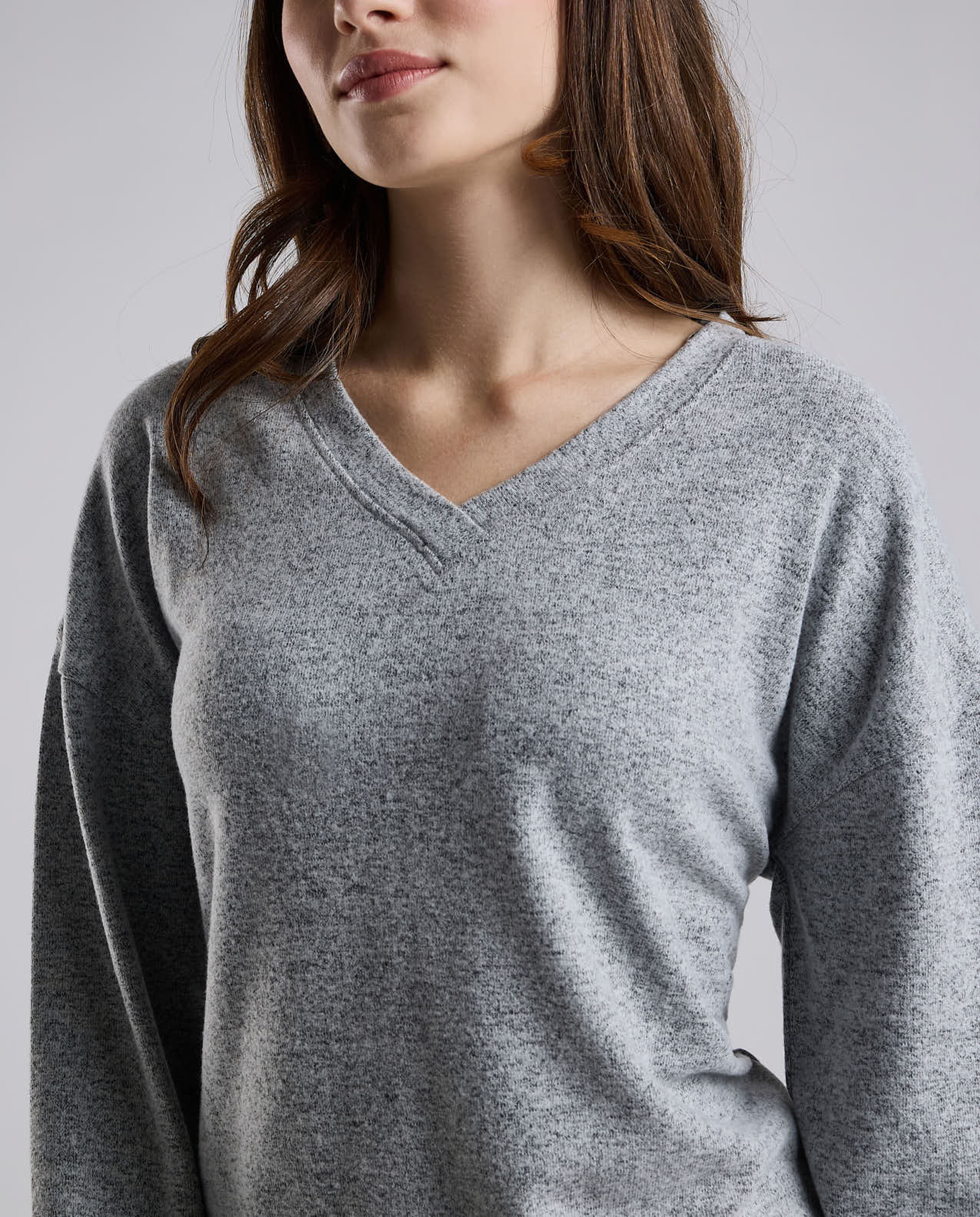 Textured Lounge Top with V-Neck and Long Sleeves