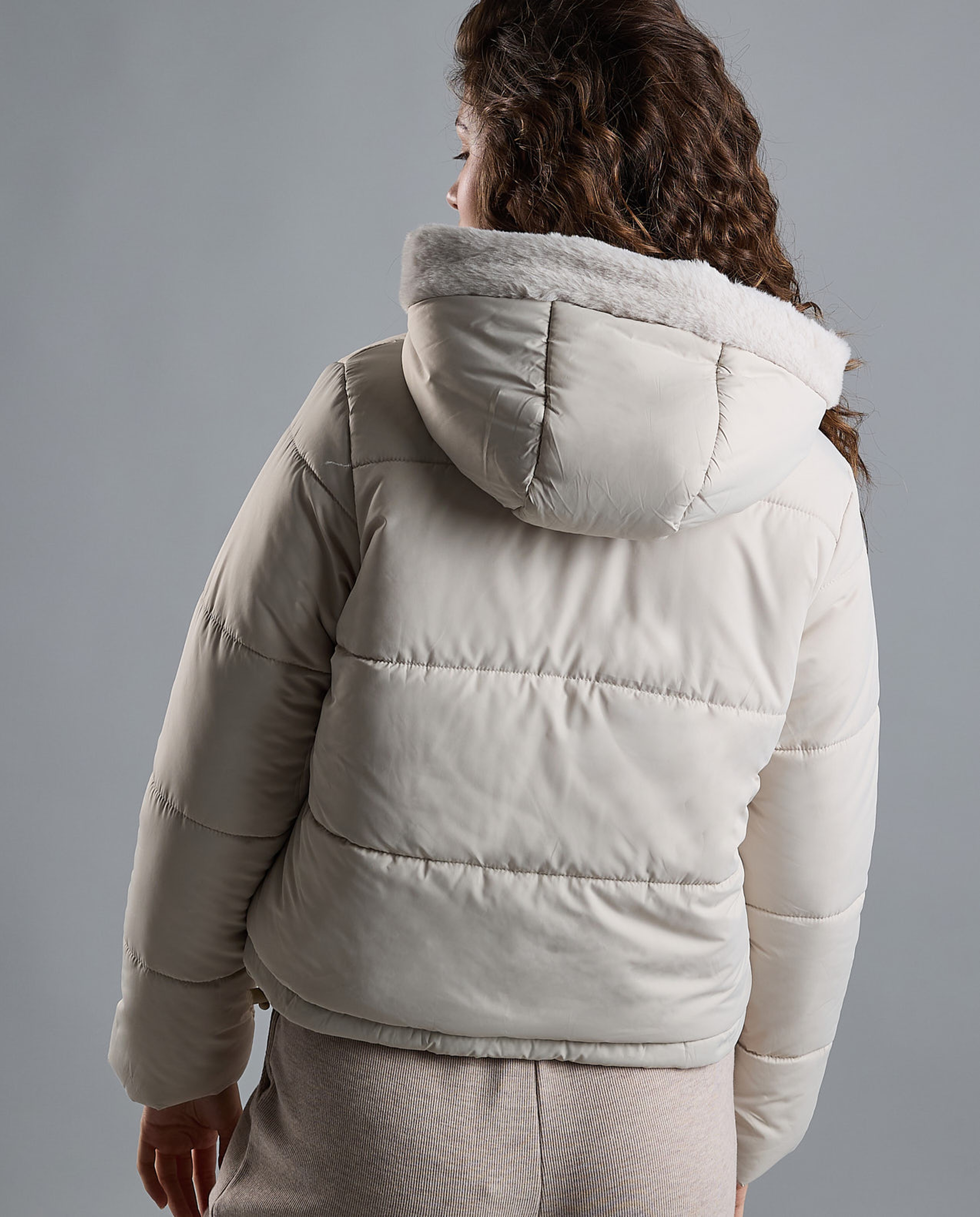 Quilted Hooded Puffer Jacket with Zipper Closure