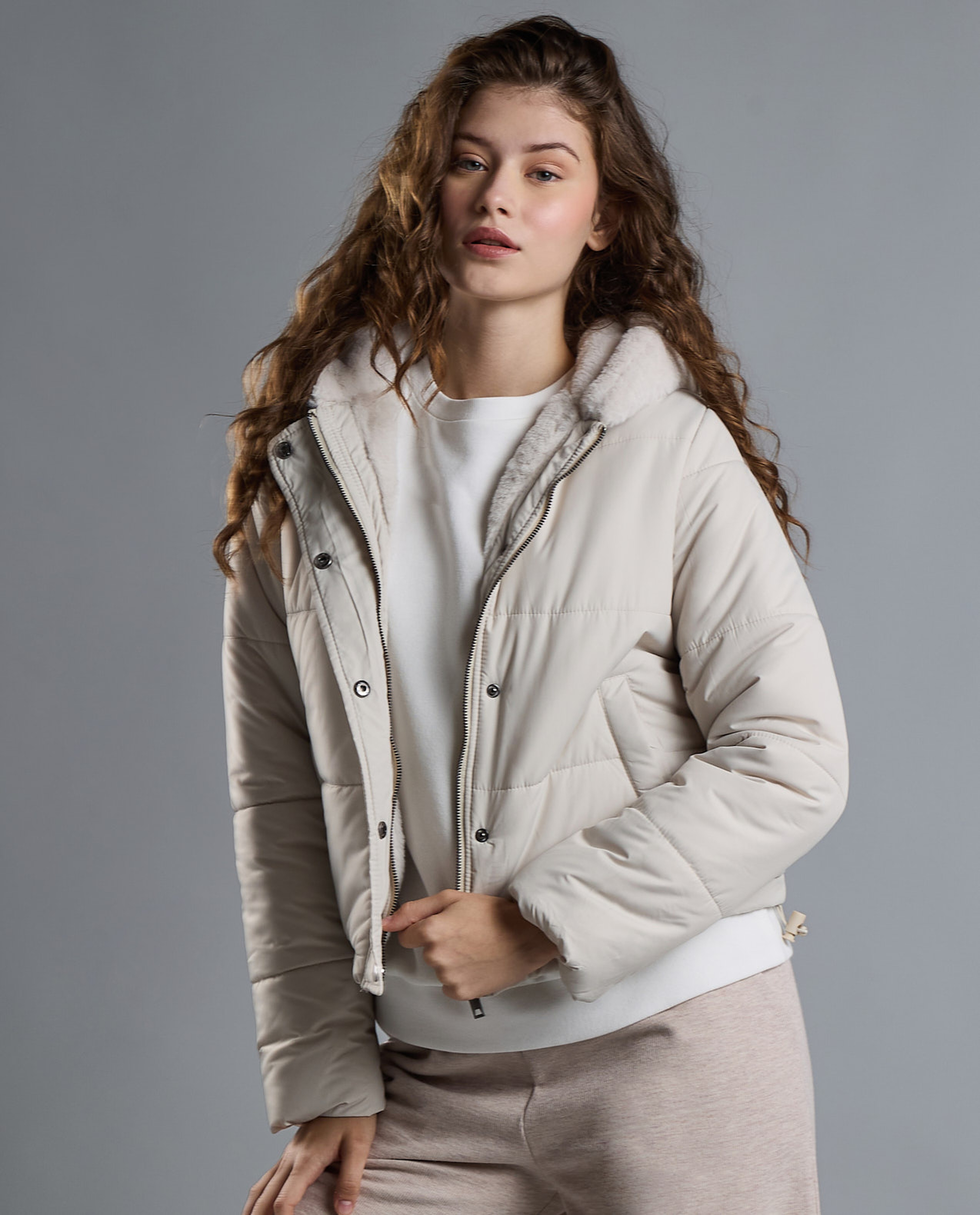 Quilted Hooded Puffer Jacket with Zipper Closure