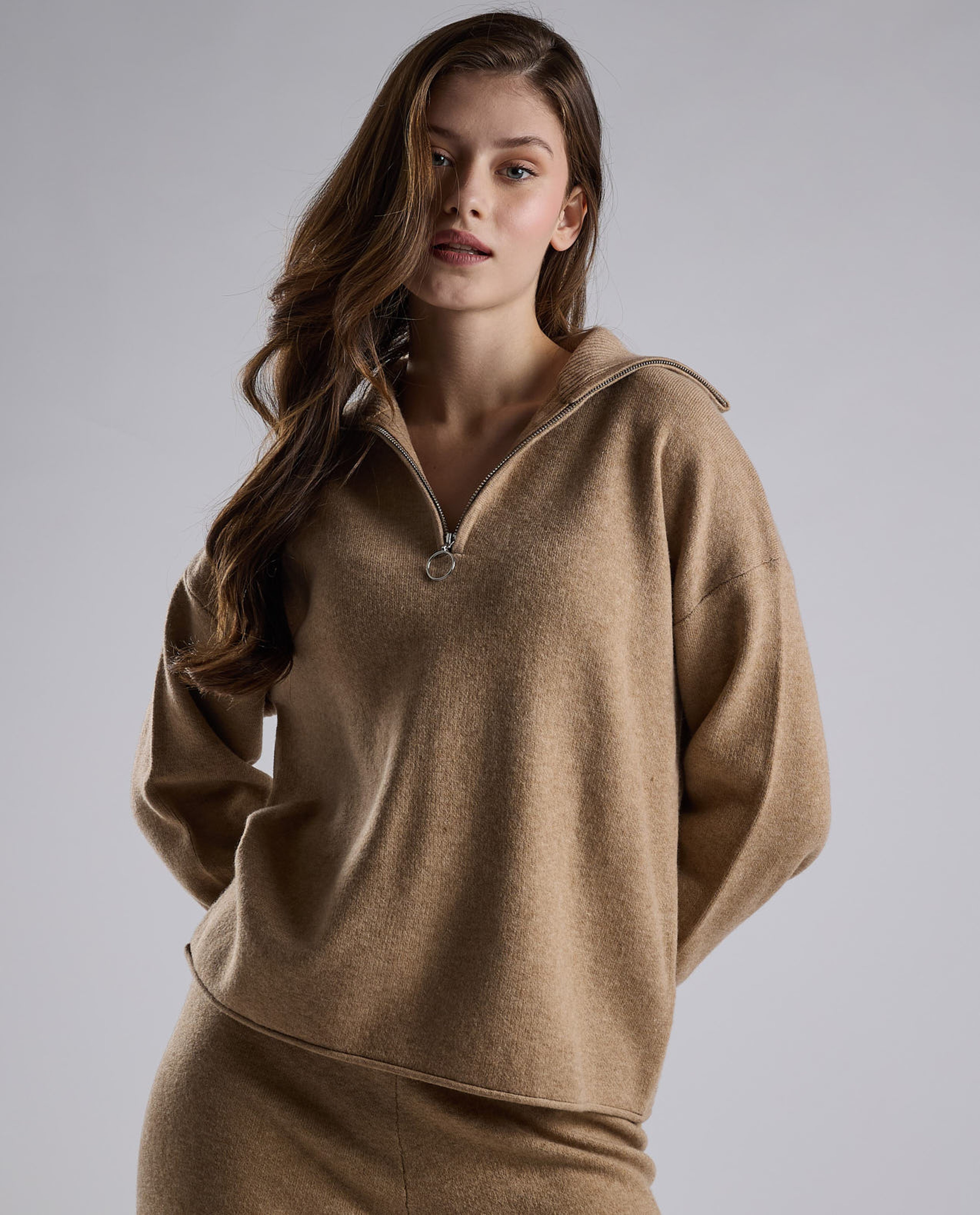 Textured Sweatshirt with High Neck and Long Sleeves