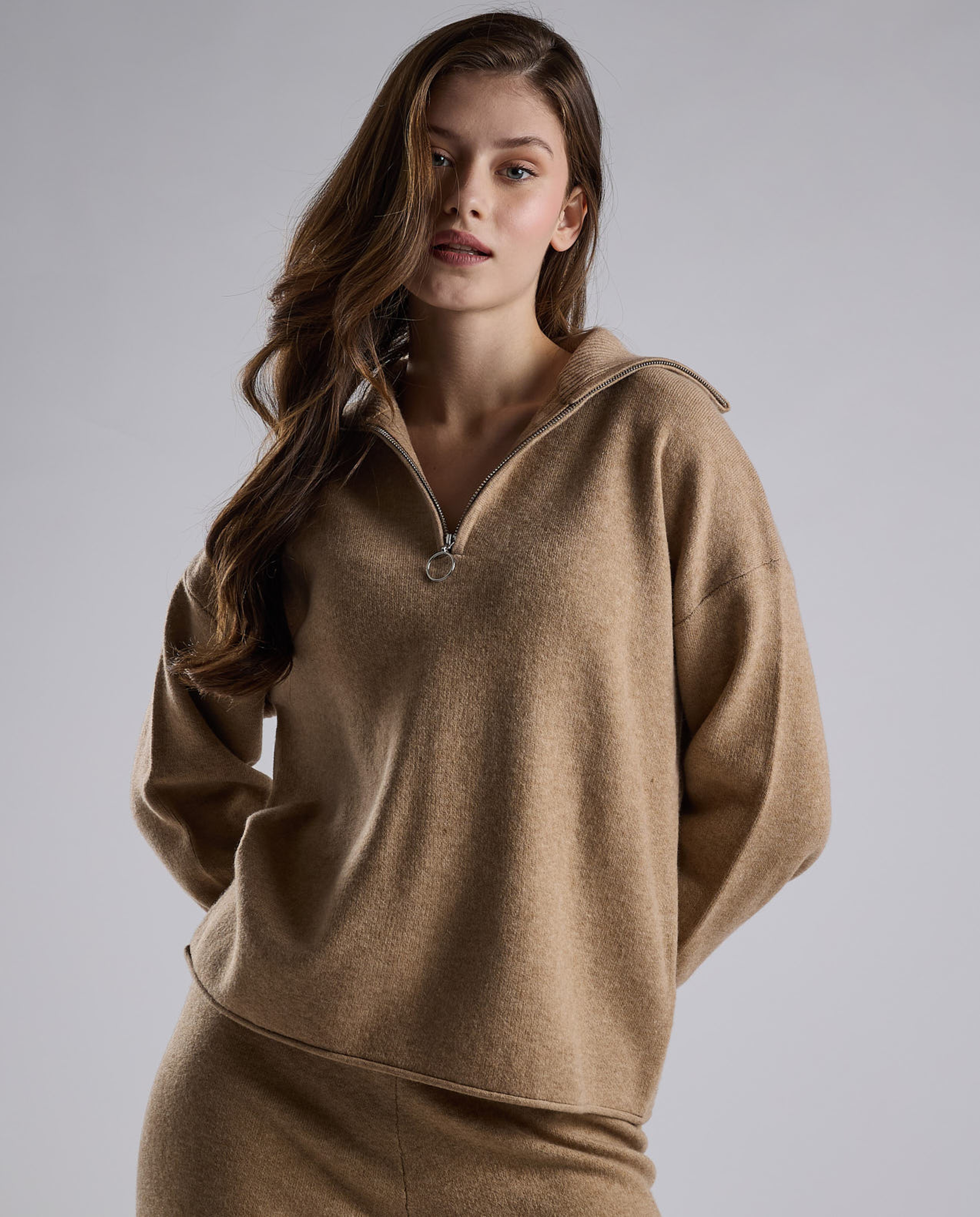 Textured Sweatshirt with High Neck and Long Sleeves