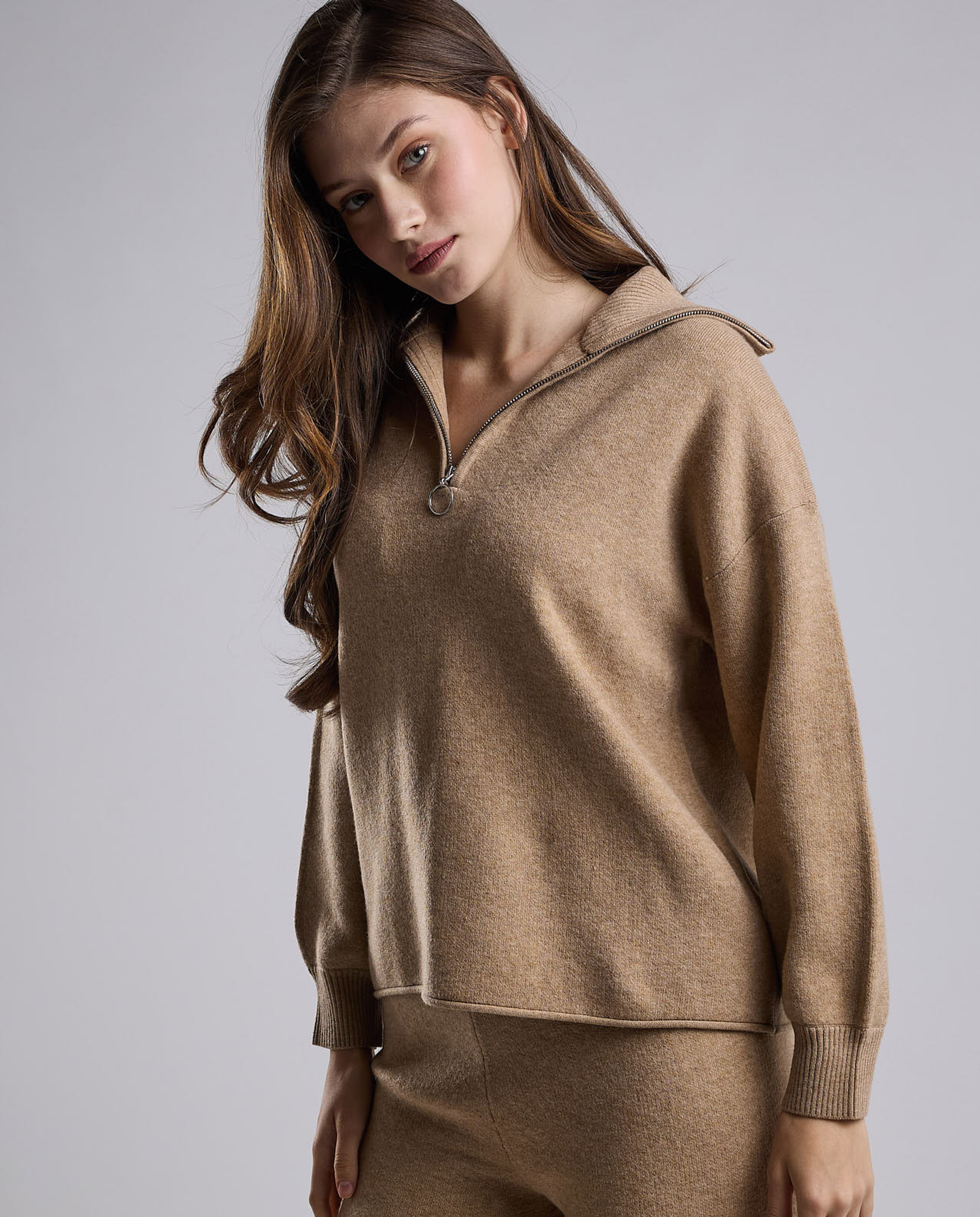 Textured Sweatshirt with High Neck and Long Sleeves