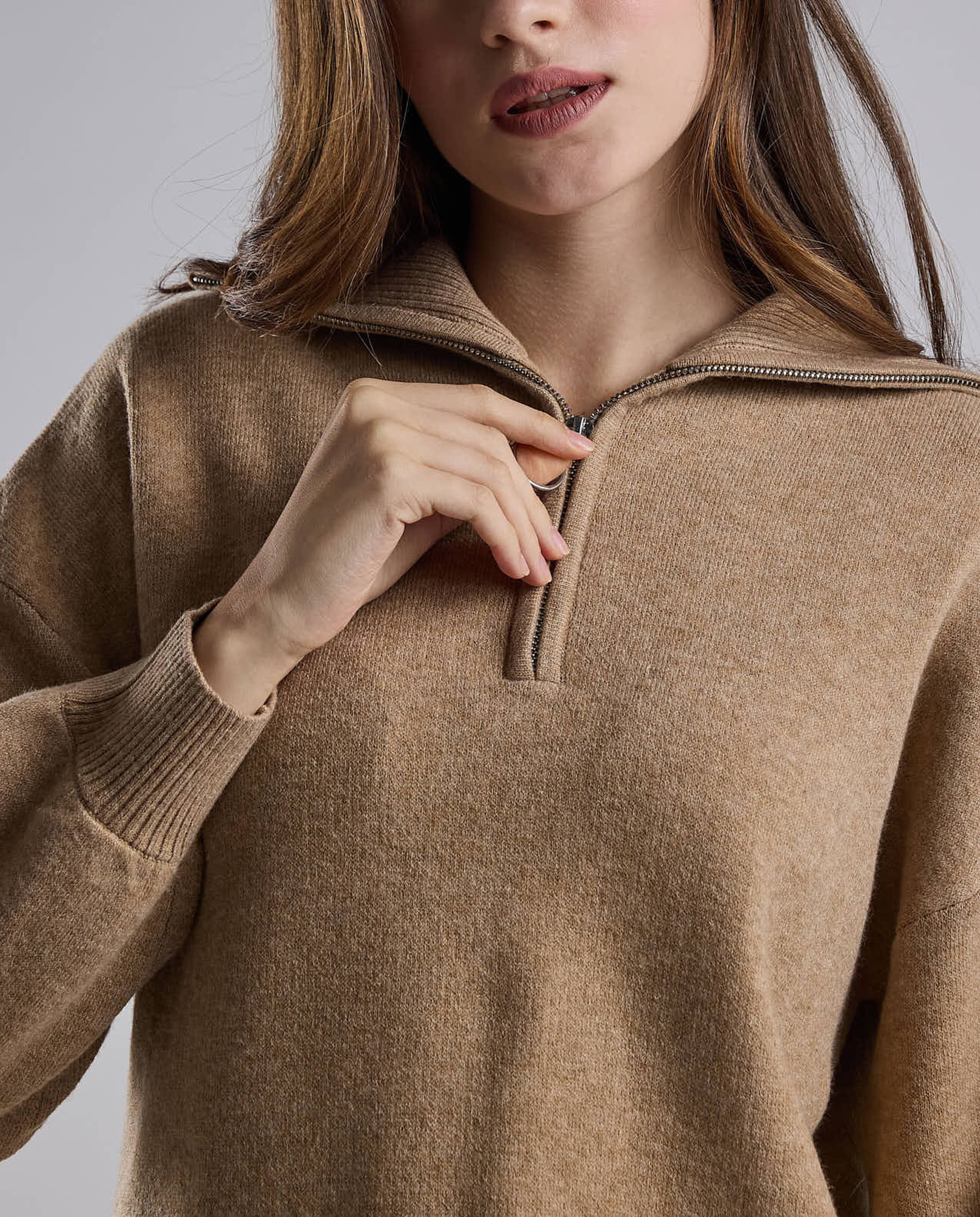 Textured Sweatshirt with High Neck and Long Sleeves