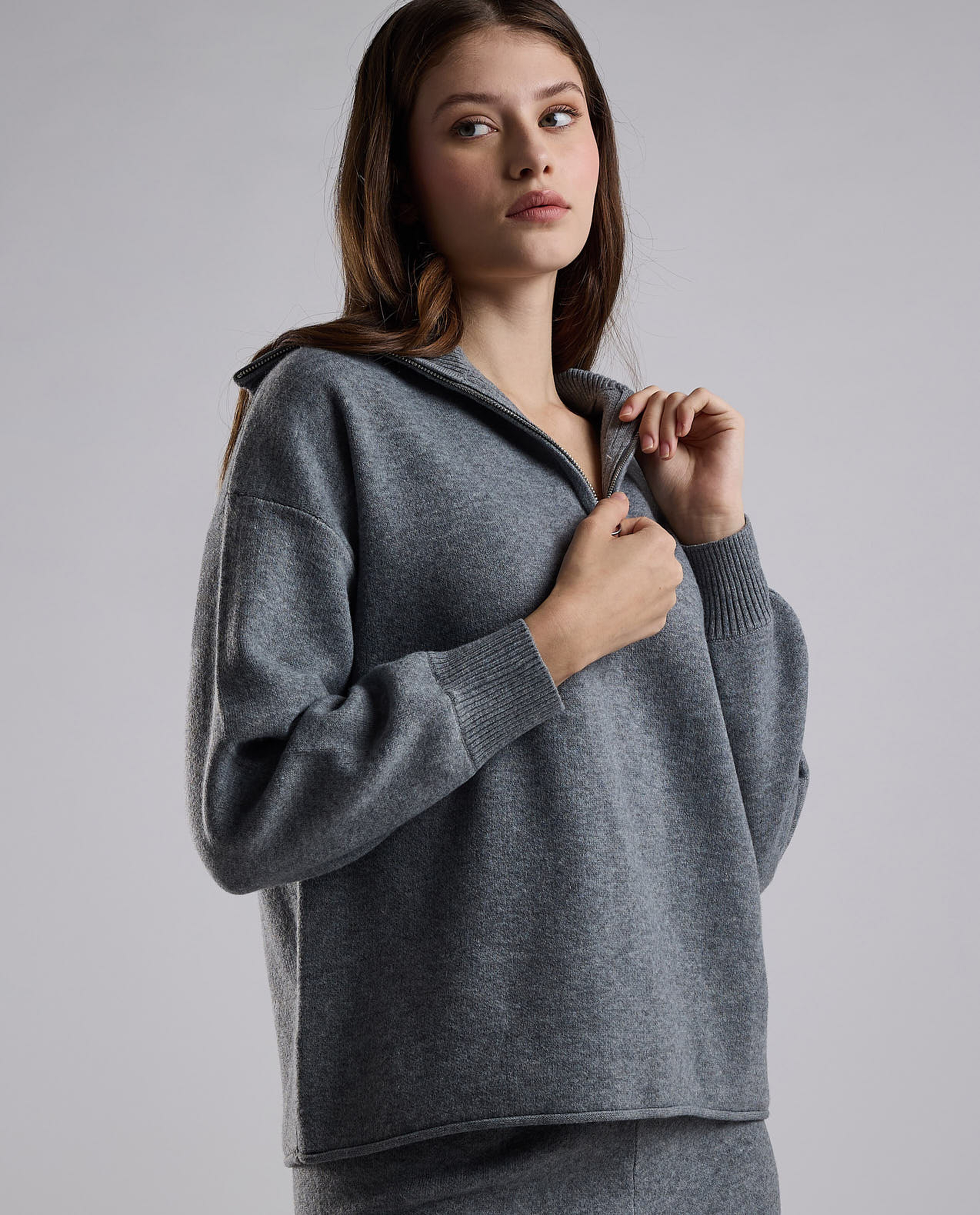 Textured Sweatshirt with High Neck and Long Sleeves