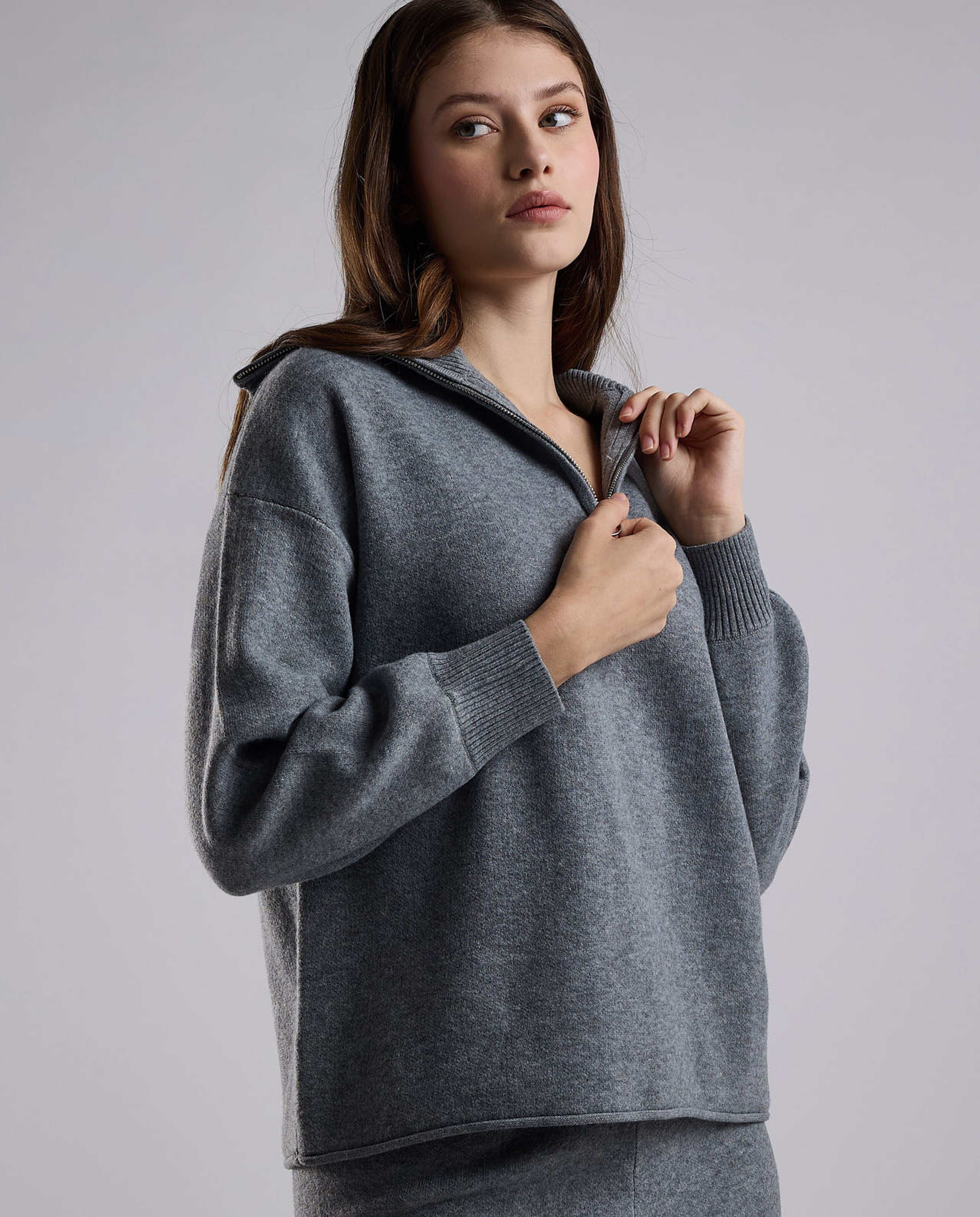 Textured Sweatshirt with High Neck and Long Sleeves