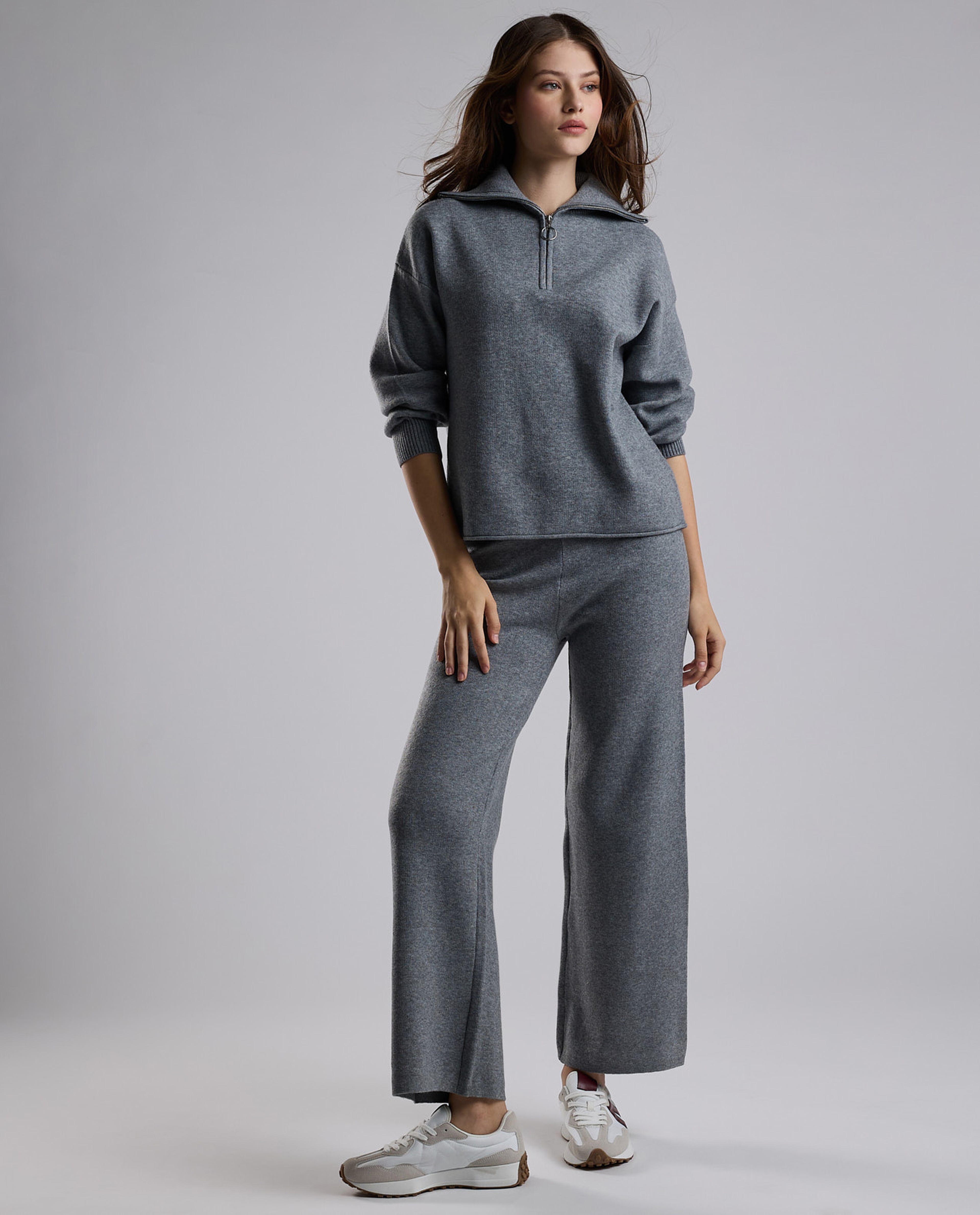 Textured Sweatshirt with High Neck and Long Sleeves