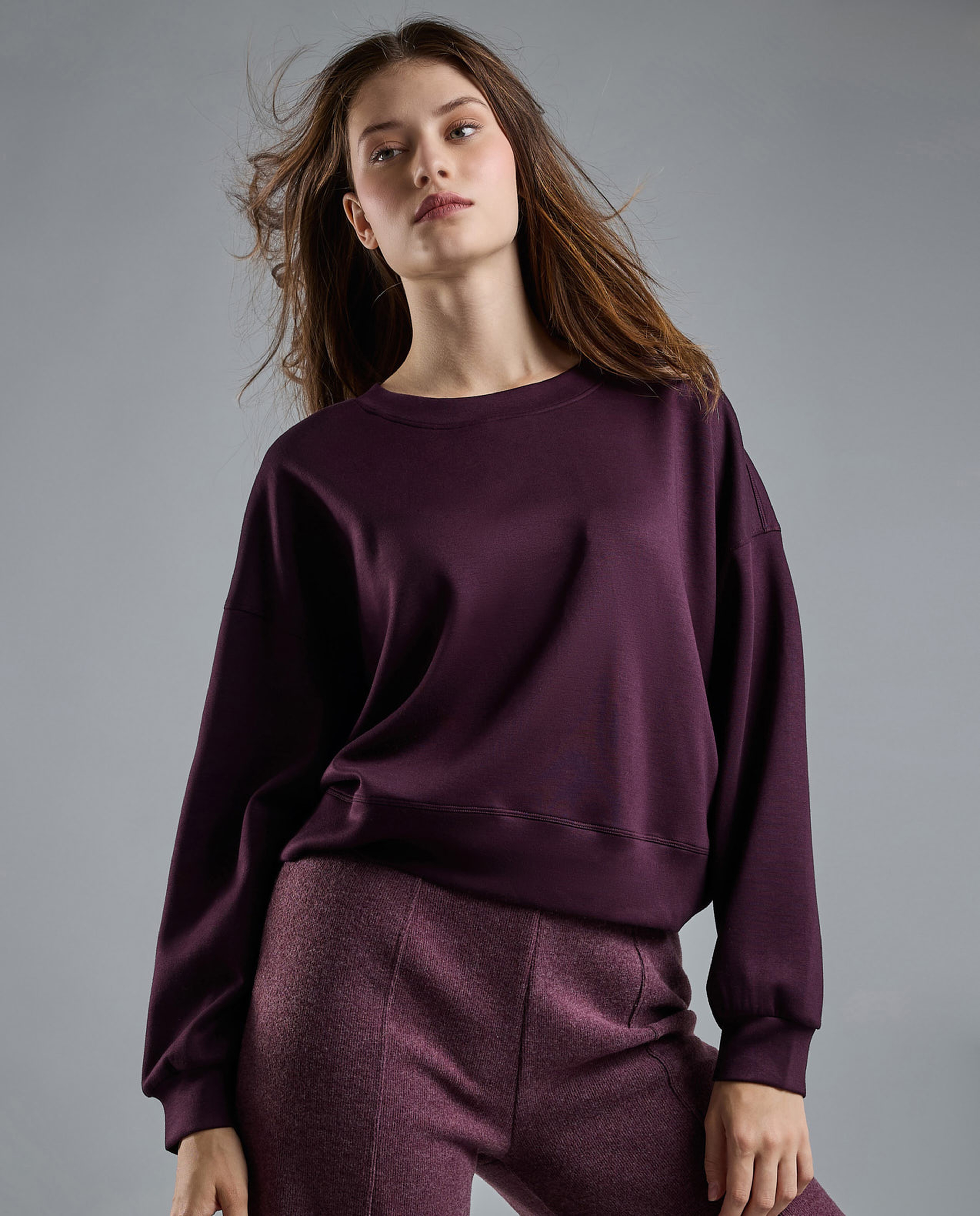 Solid Sweatshirt with Crew Neck and Long Sleeves