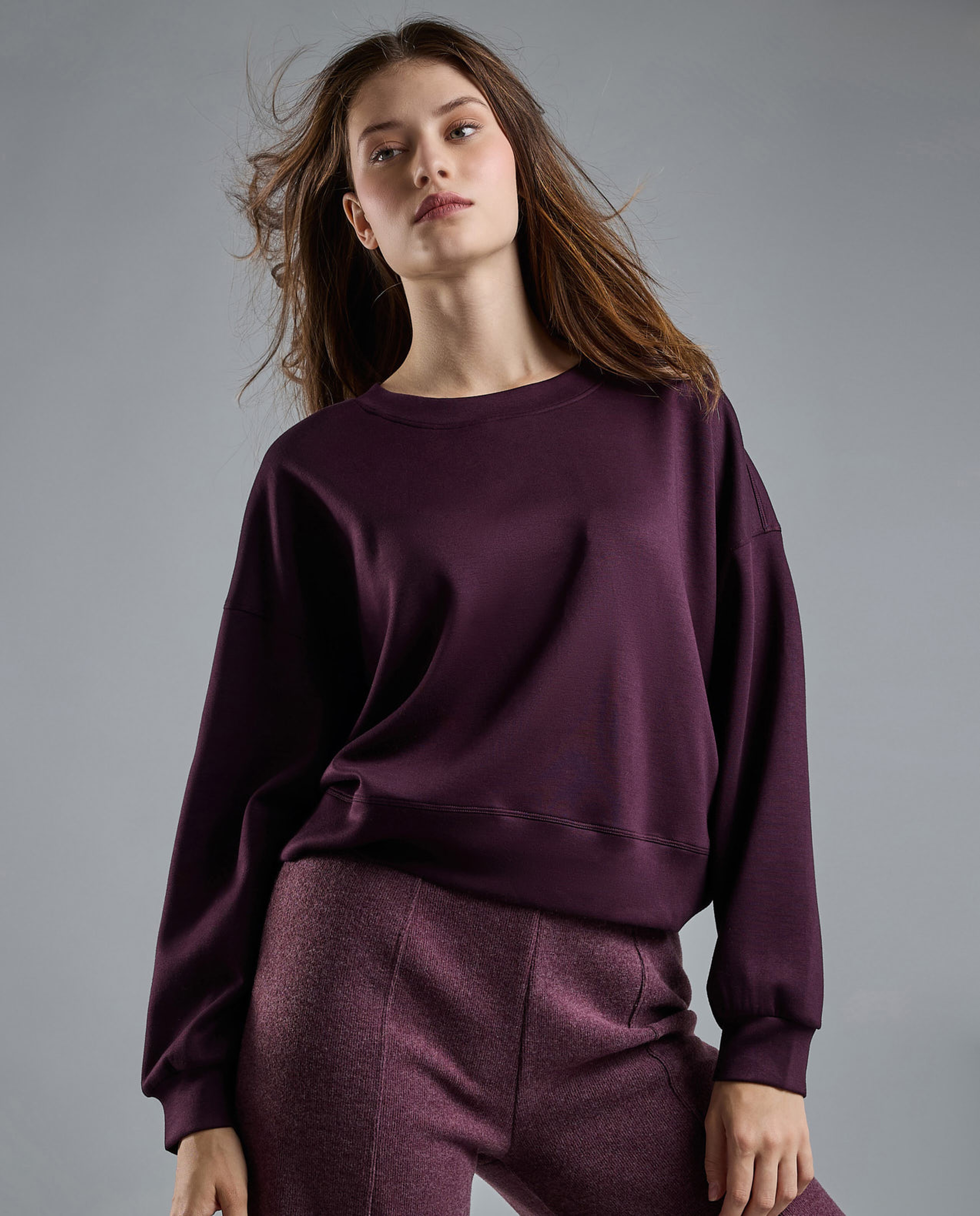 Solid Sweatshirt with Crew Neck and Long Sleeves