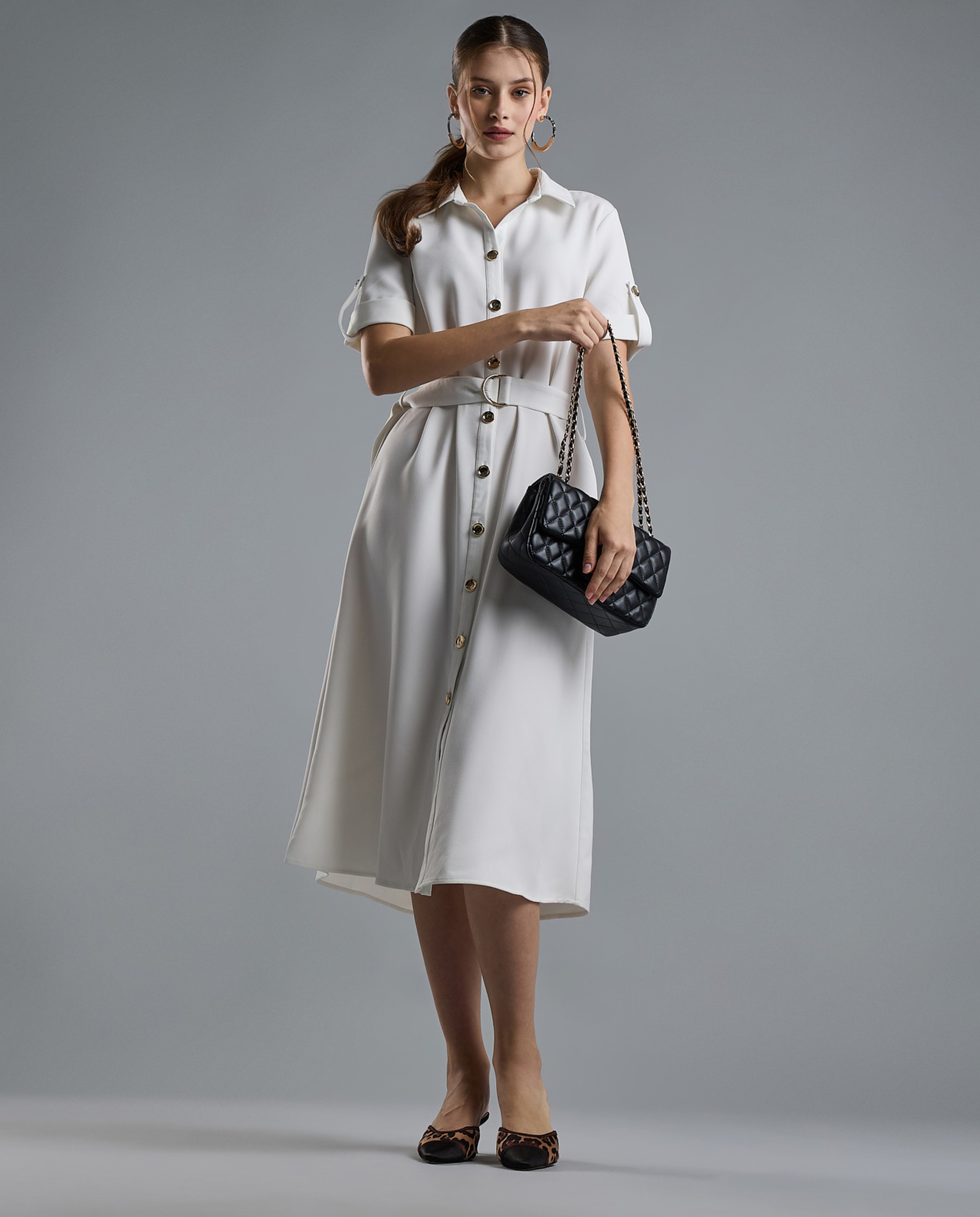 Solid Shirt Dress with Short Sleeves