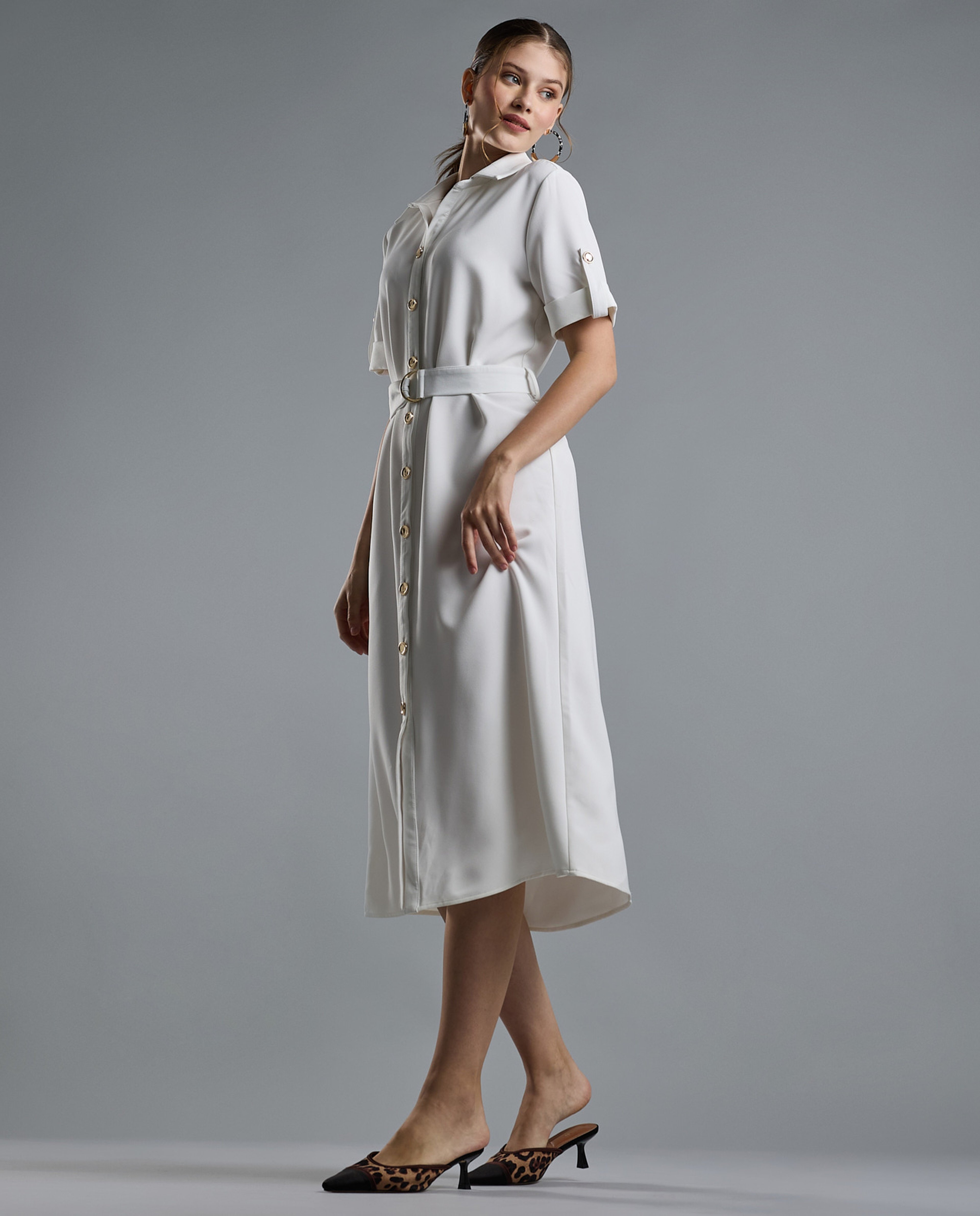 Solid Shirt Dress with Short Sleeves