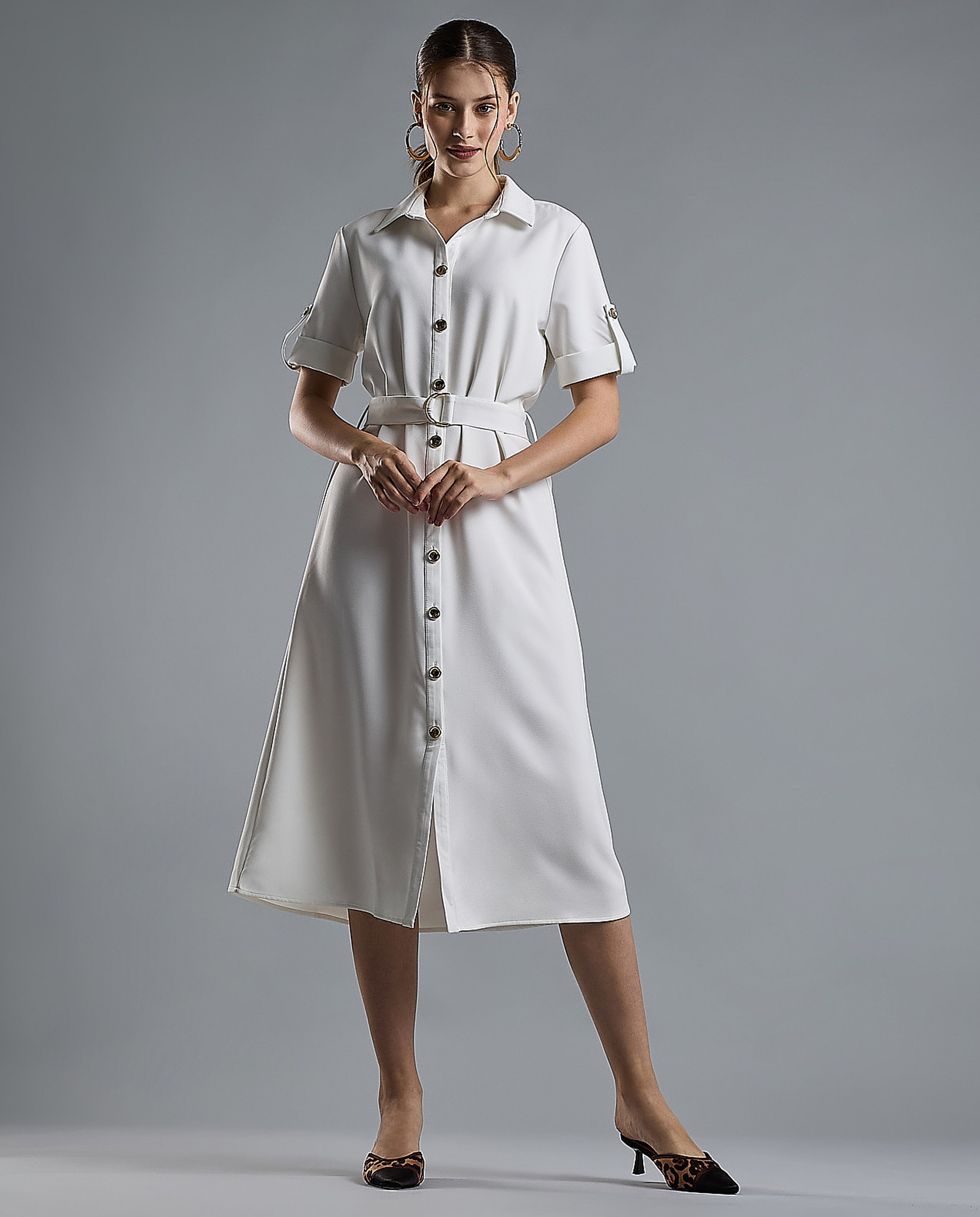 Solid Shirt Dress with Short Sleeves