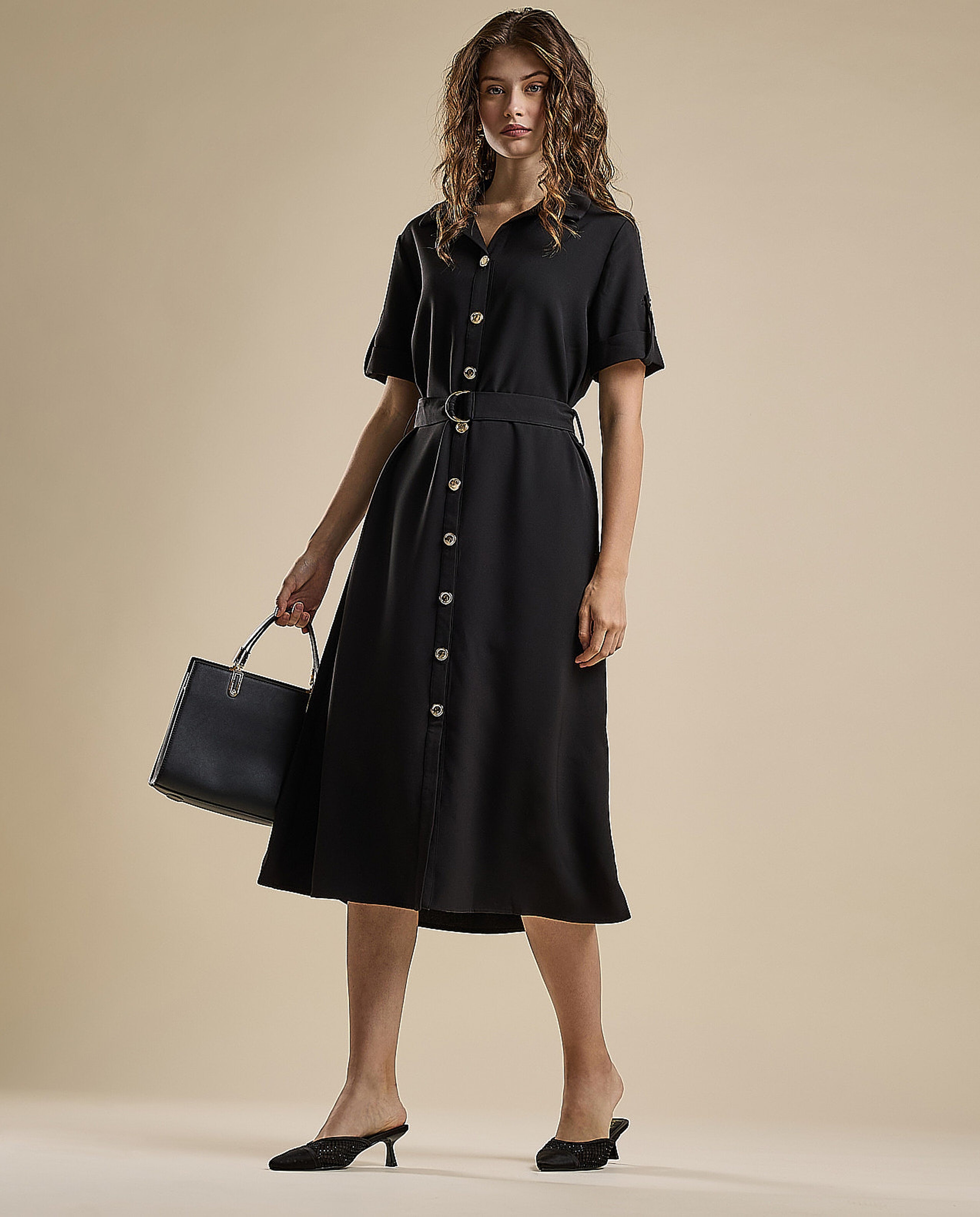 Solid Shirt Dress with Short Sleeves