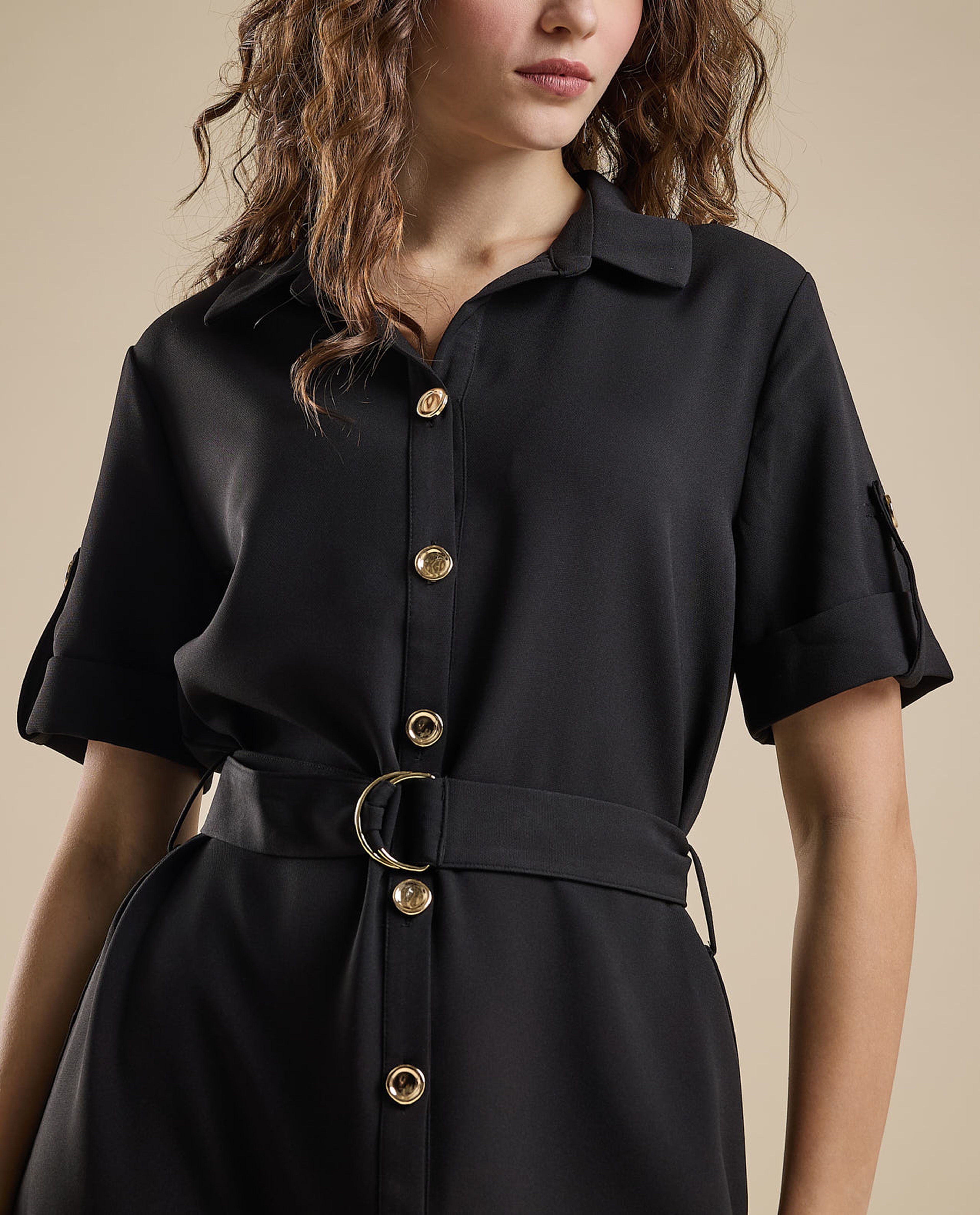 Solid Shirt Dress with Short Sleeves