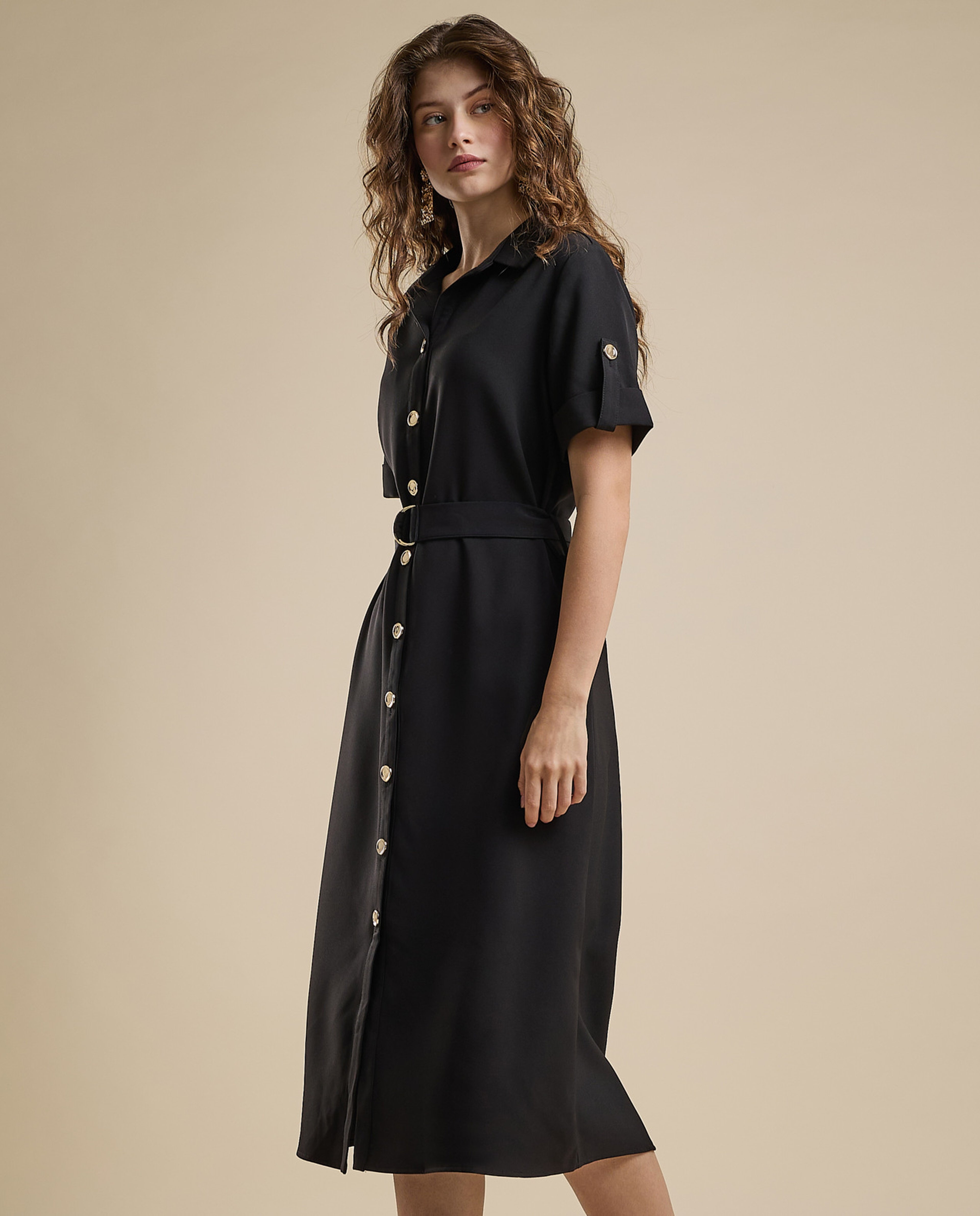 Solid Shirt Dress with Short Sleeves