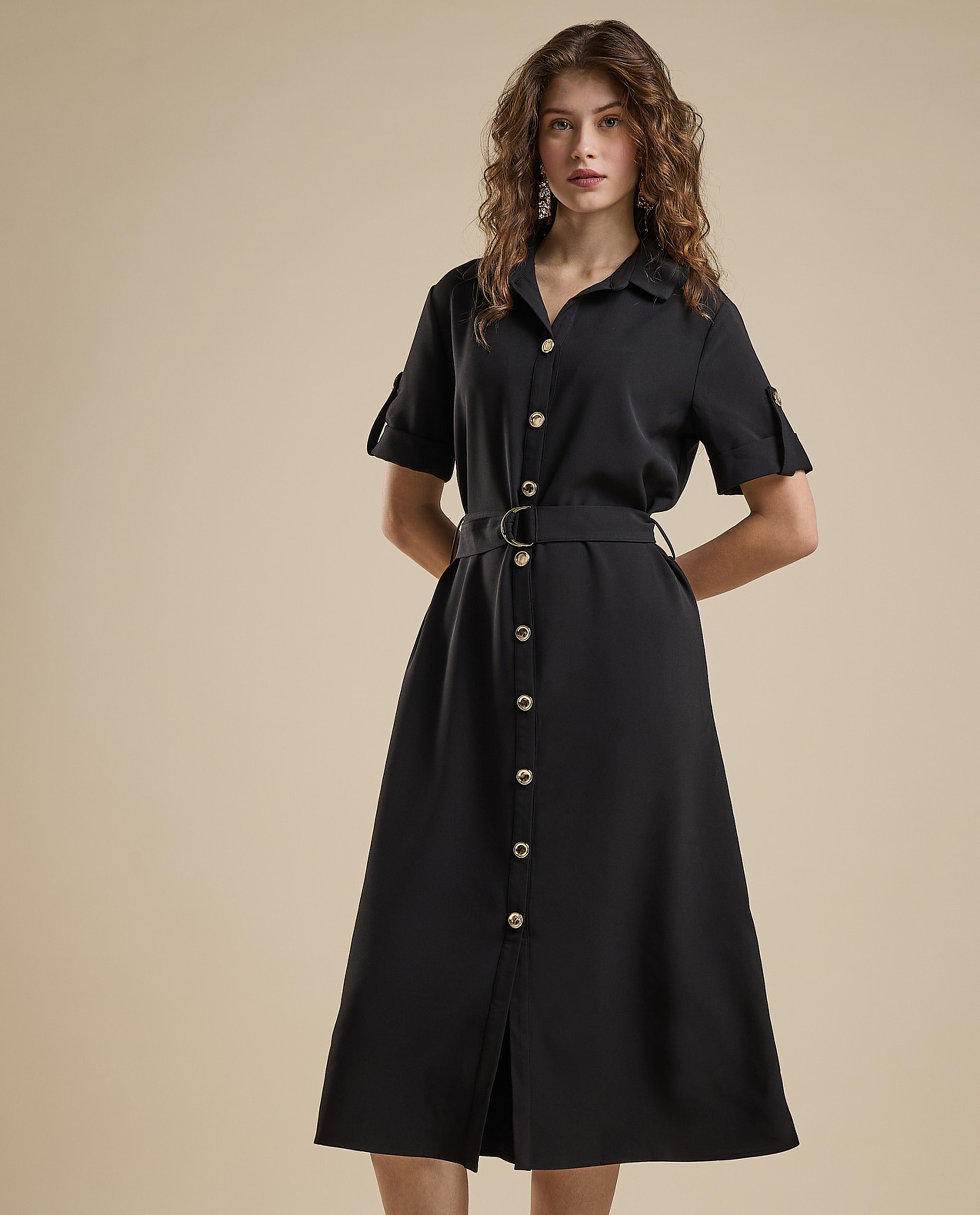 Solid Shirt Dress with Short Sleeves