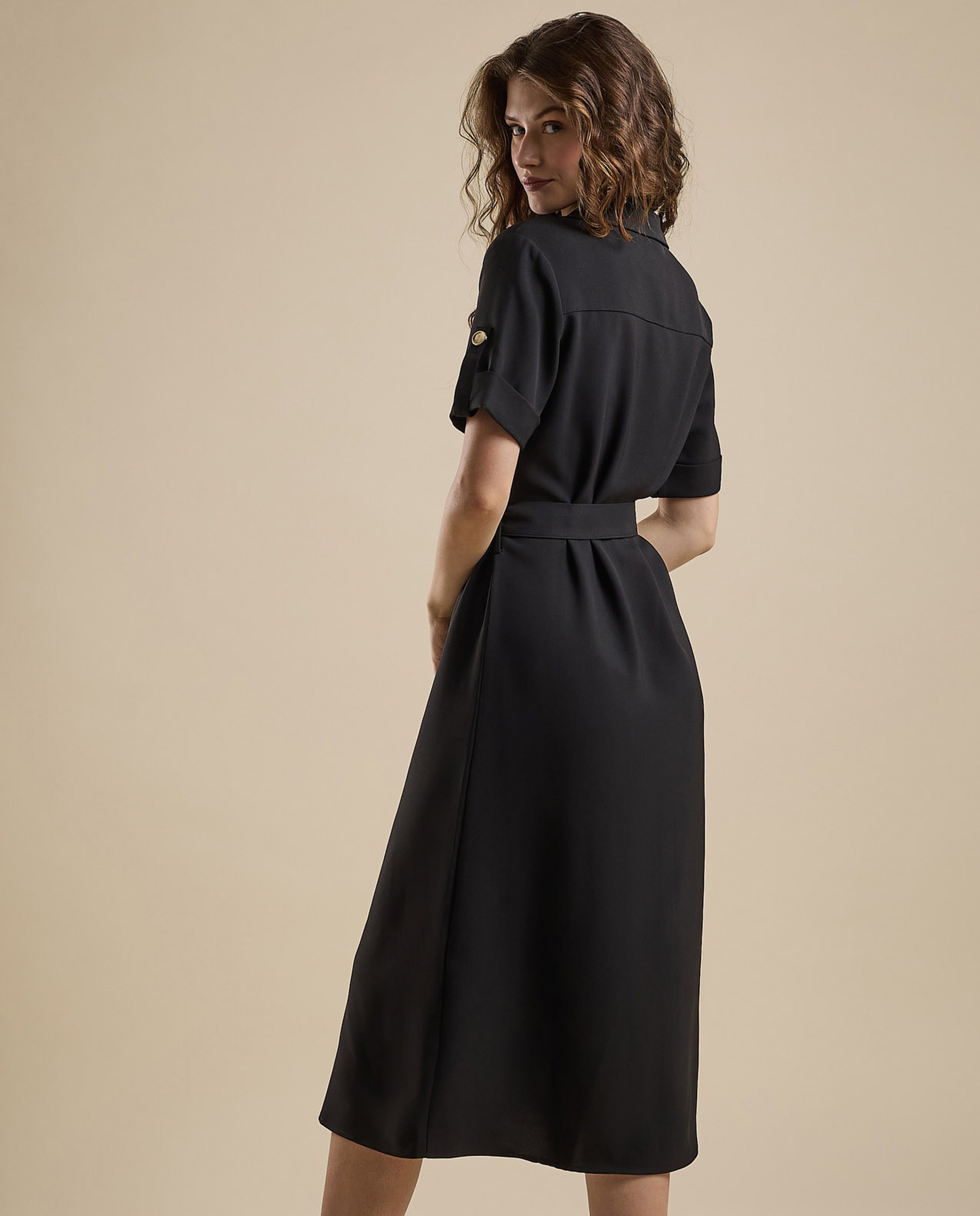 Solid Shirt Dress with Short Sleeves