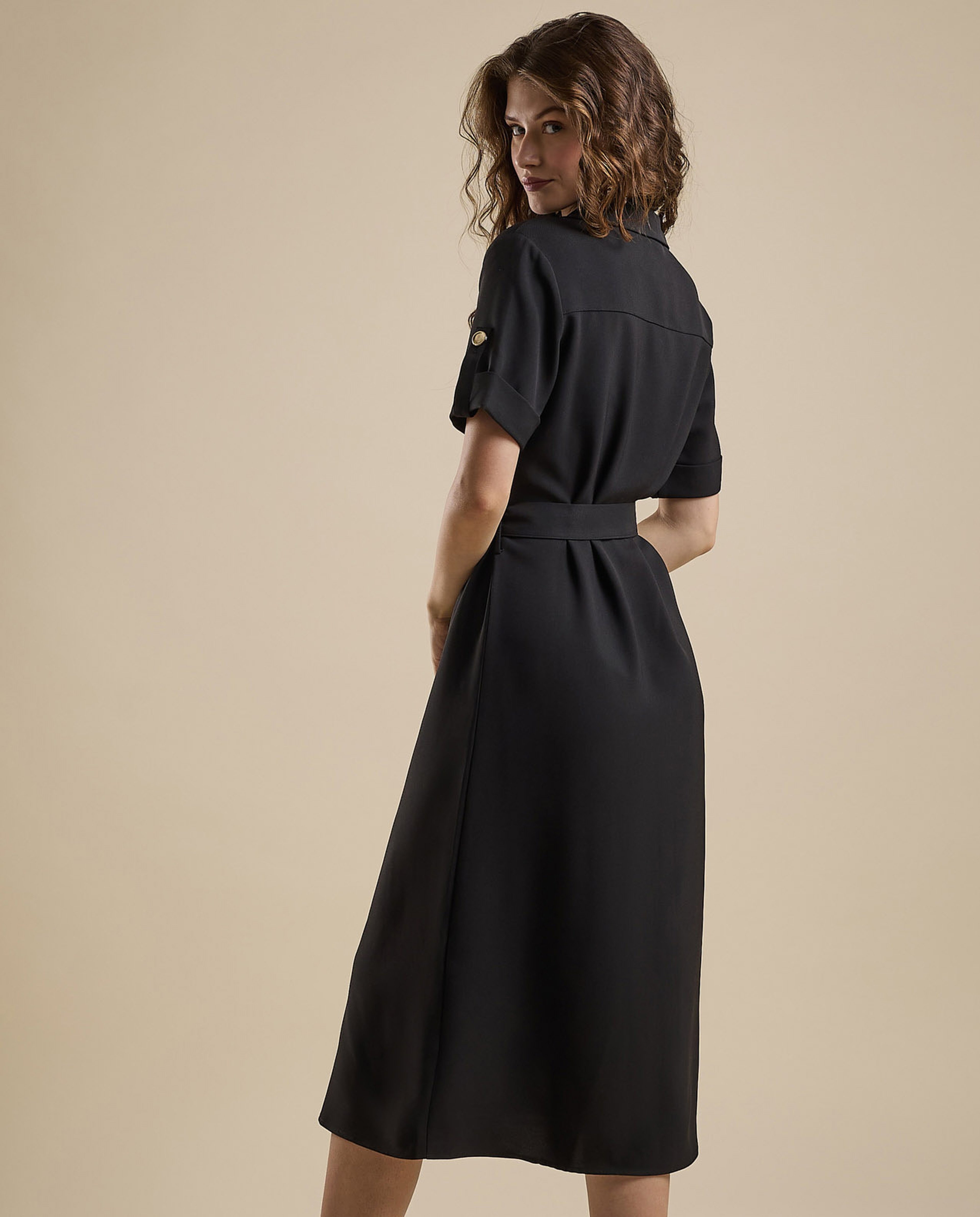 Solid Shirt Dress with Short Sleeves