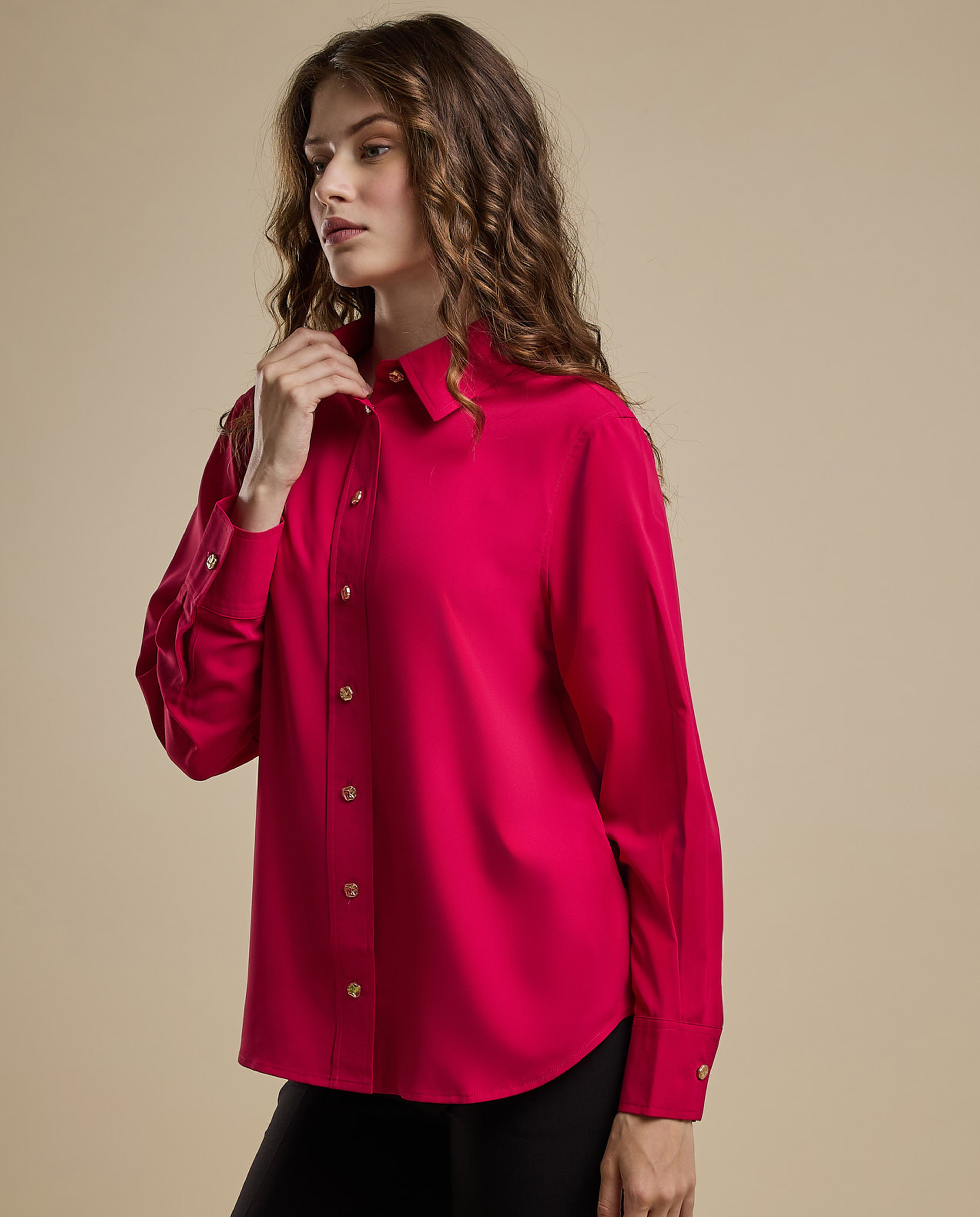 Solid Shirt with Classic Collar and Long Sleeves