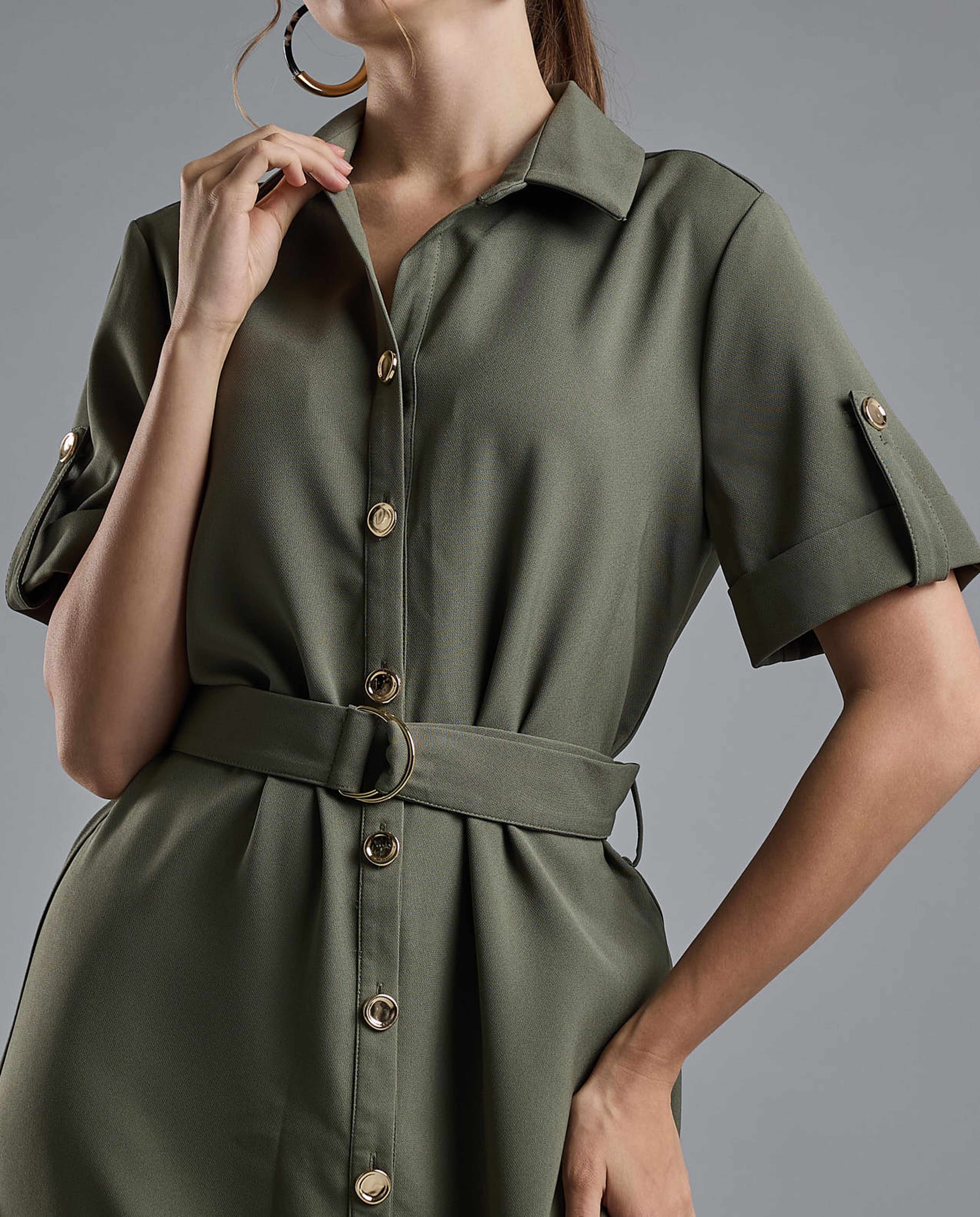 Solid Shirt Dress with Short Sleeves