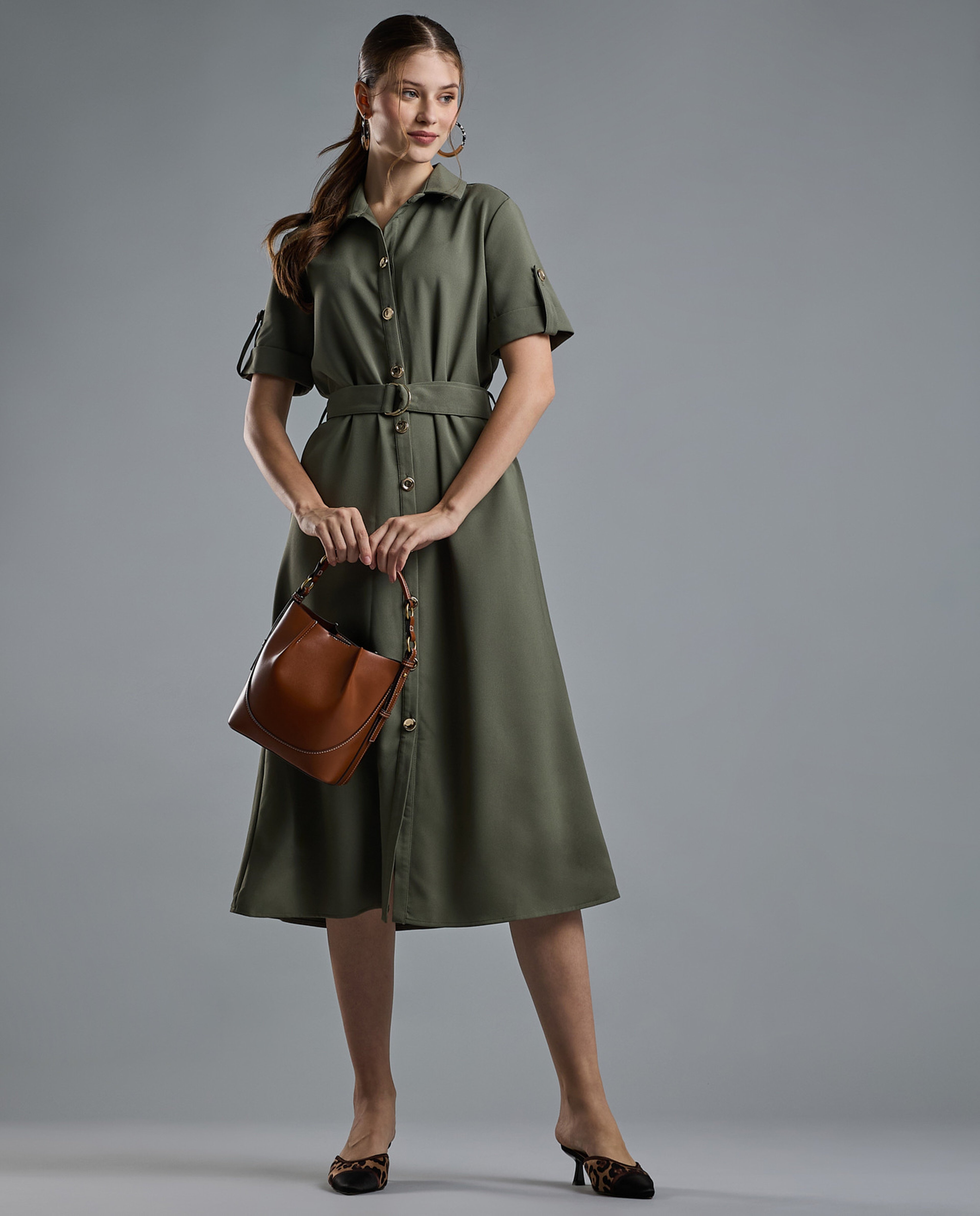 Solid Shirt Dress with Short Sleeves