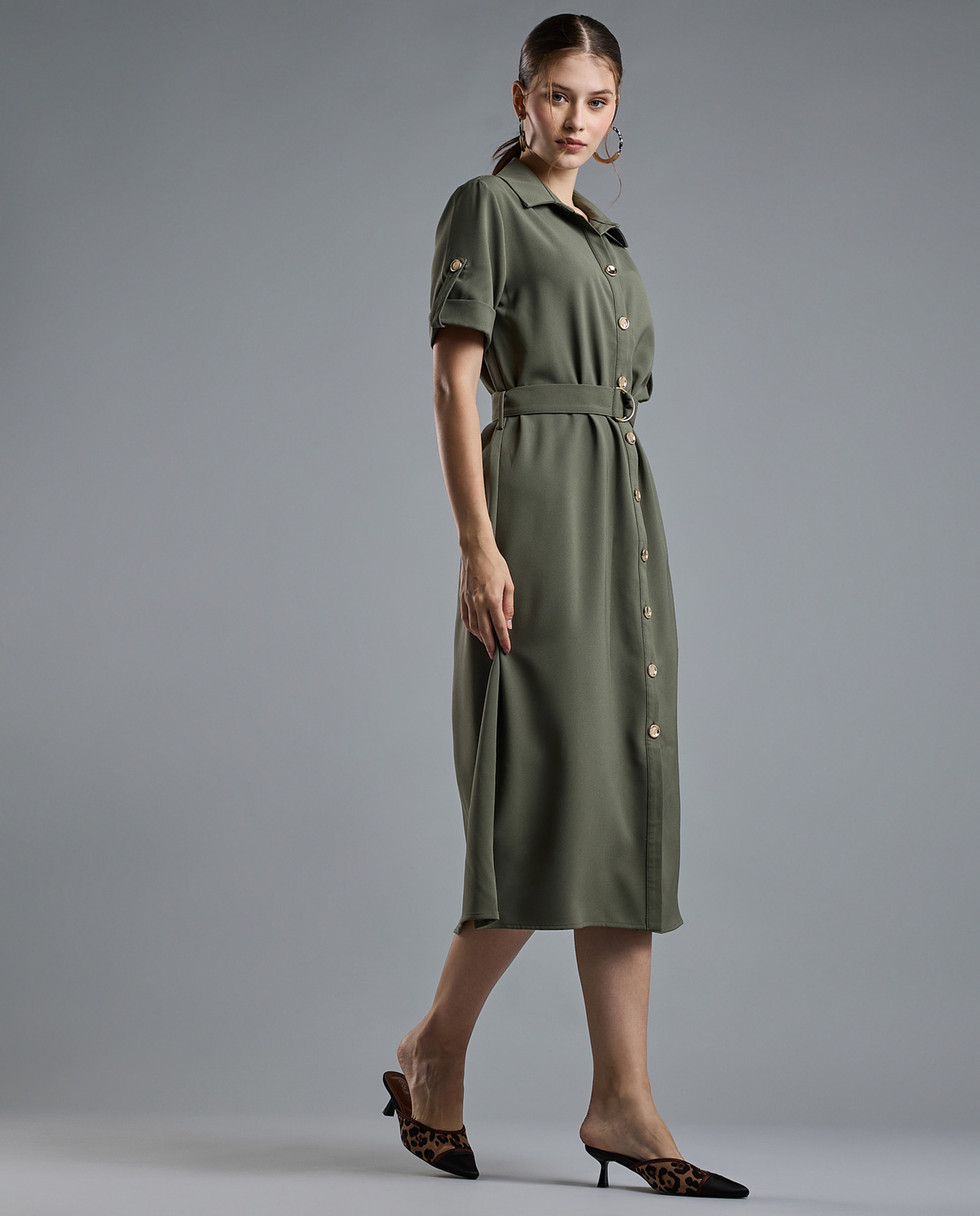 Solid Shirt Dress with Short Sleeves