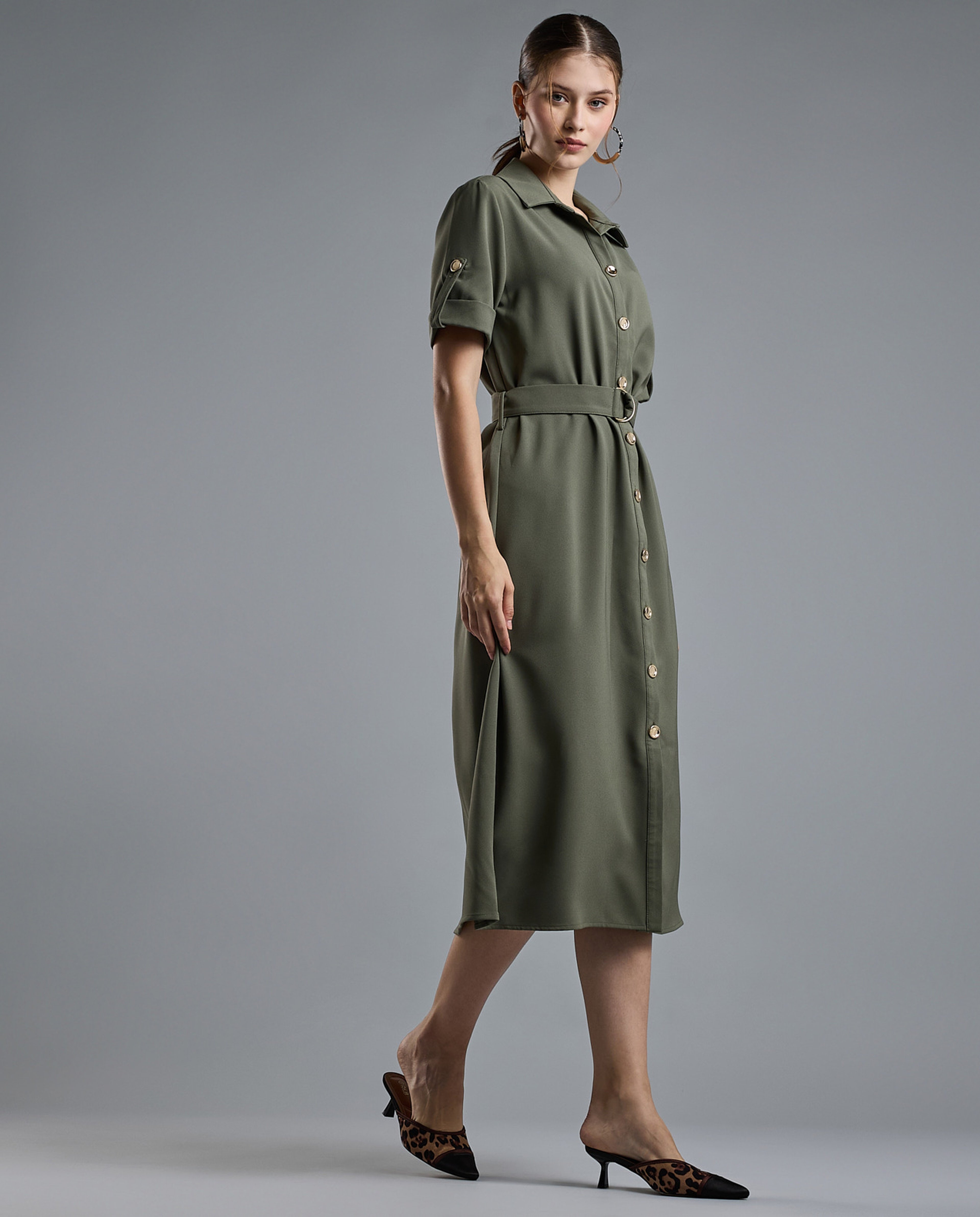 Solid Shirt Dress with Short Sleeves